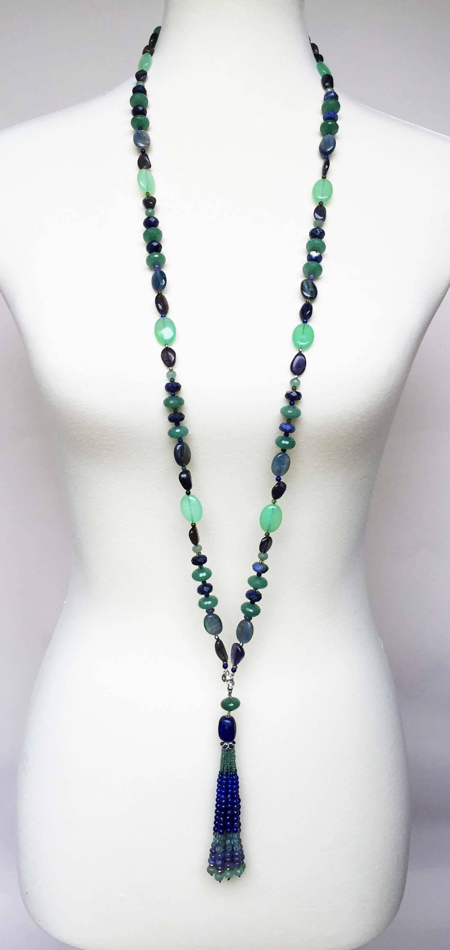 Marina J Blue and Green Gemstone Long Sautoir Necklace with Tassel In New Condition In Los Angeles, CA