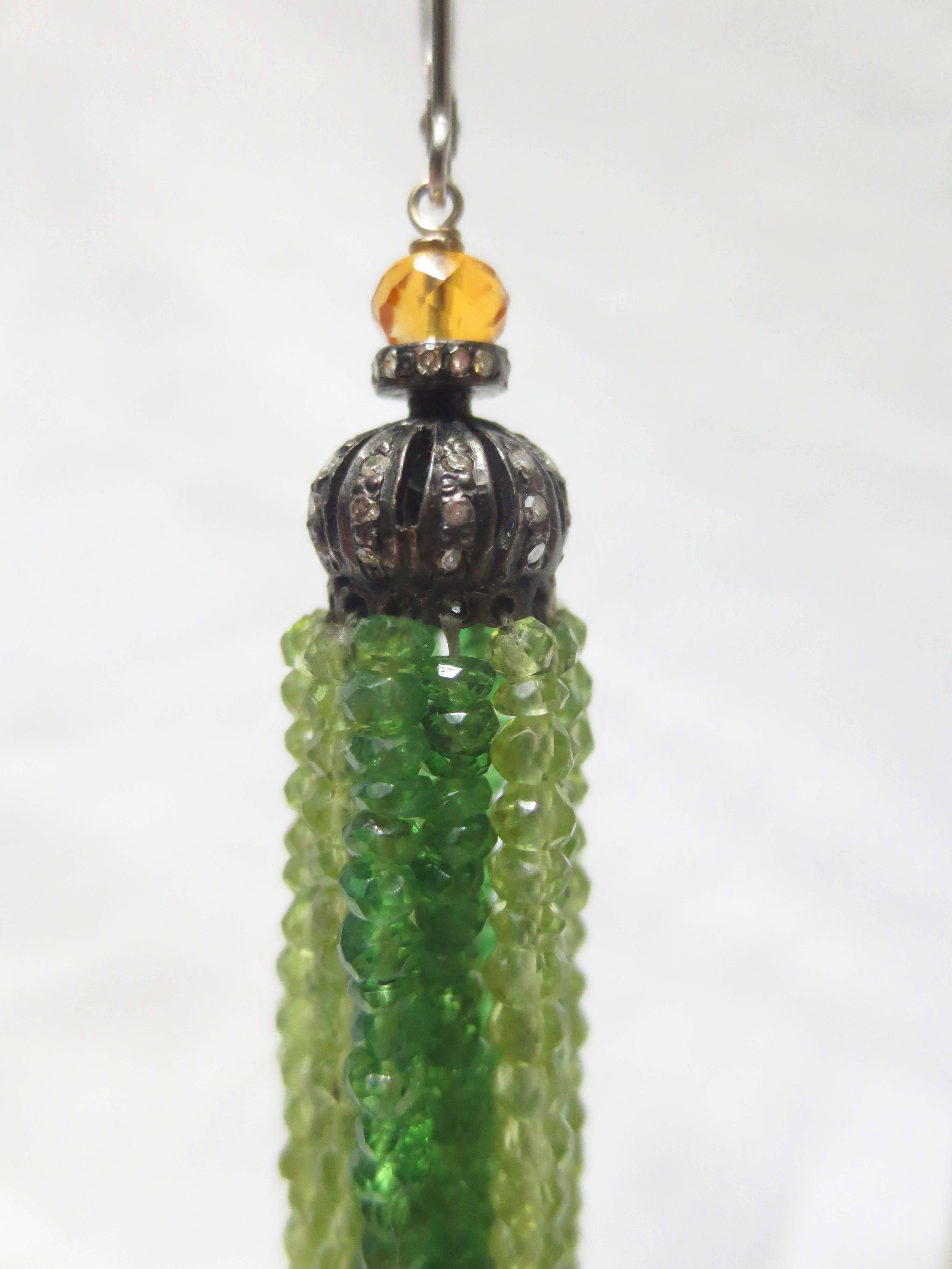 Artist Marina J Tsavorite, Peridot, Citrine & Diamond tassel earring with silver gold For Sale