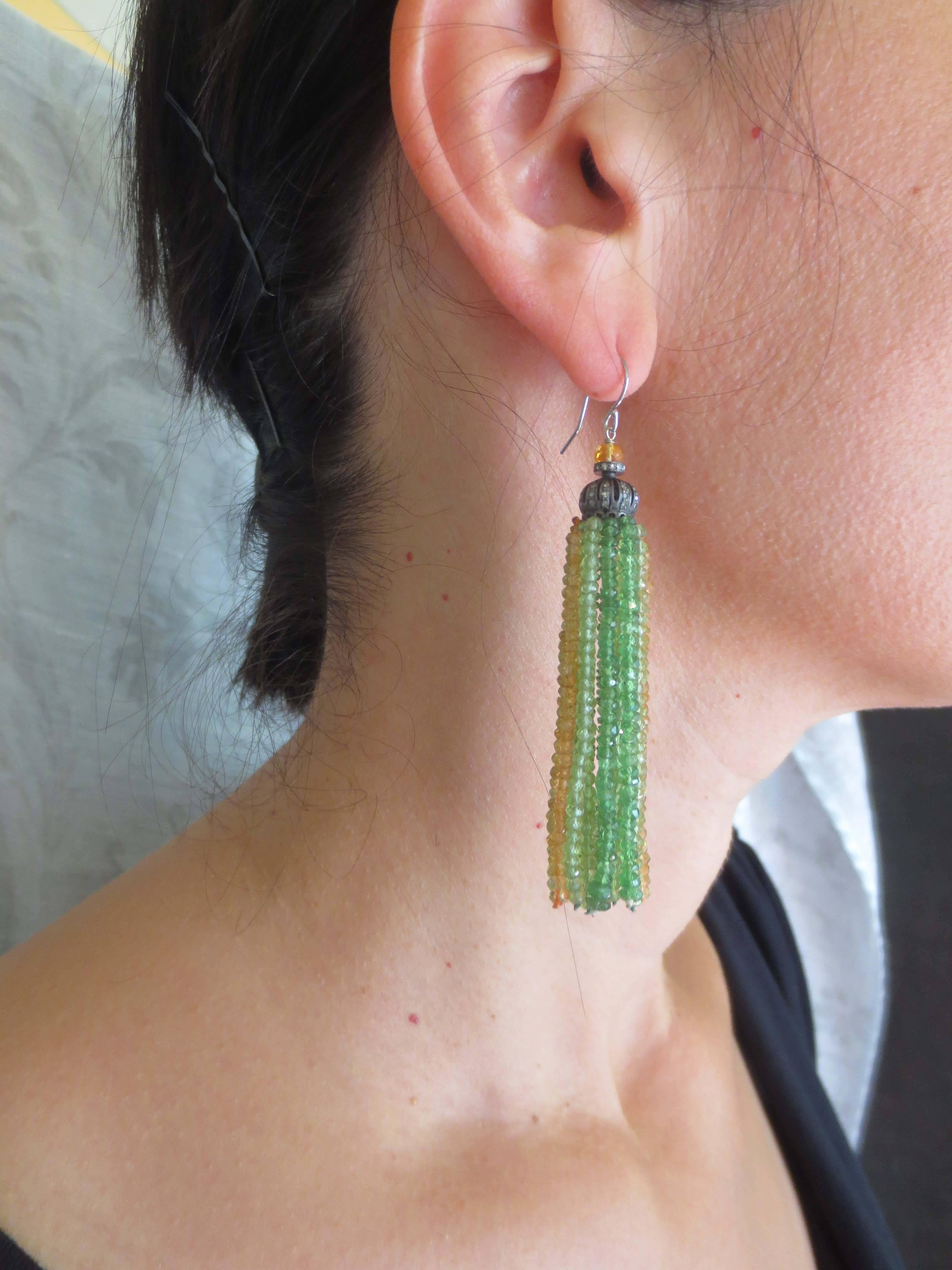 Bead Marina J Tsavorite, Peridot, Citrine & Diamond tassel earring with silver gold For Sale