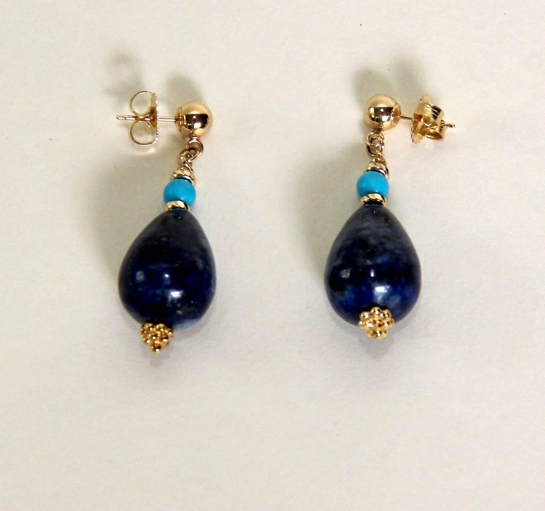 Artist Marina J Lapis Lazuli Turquoise Bead Gold Drop Earrings