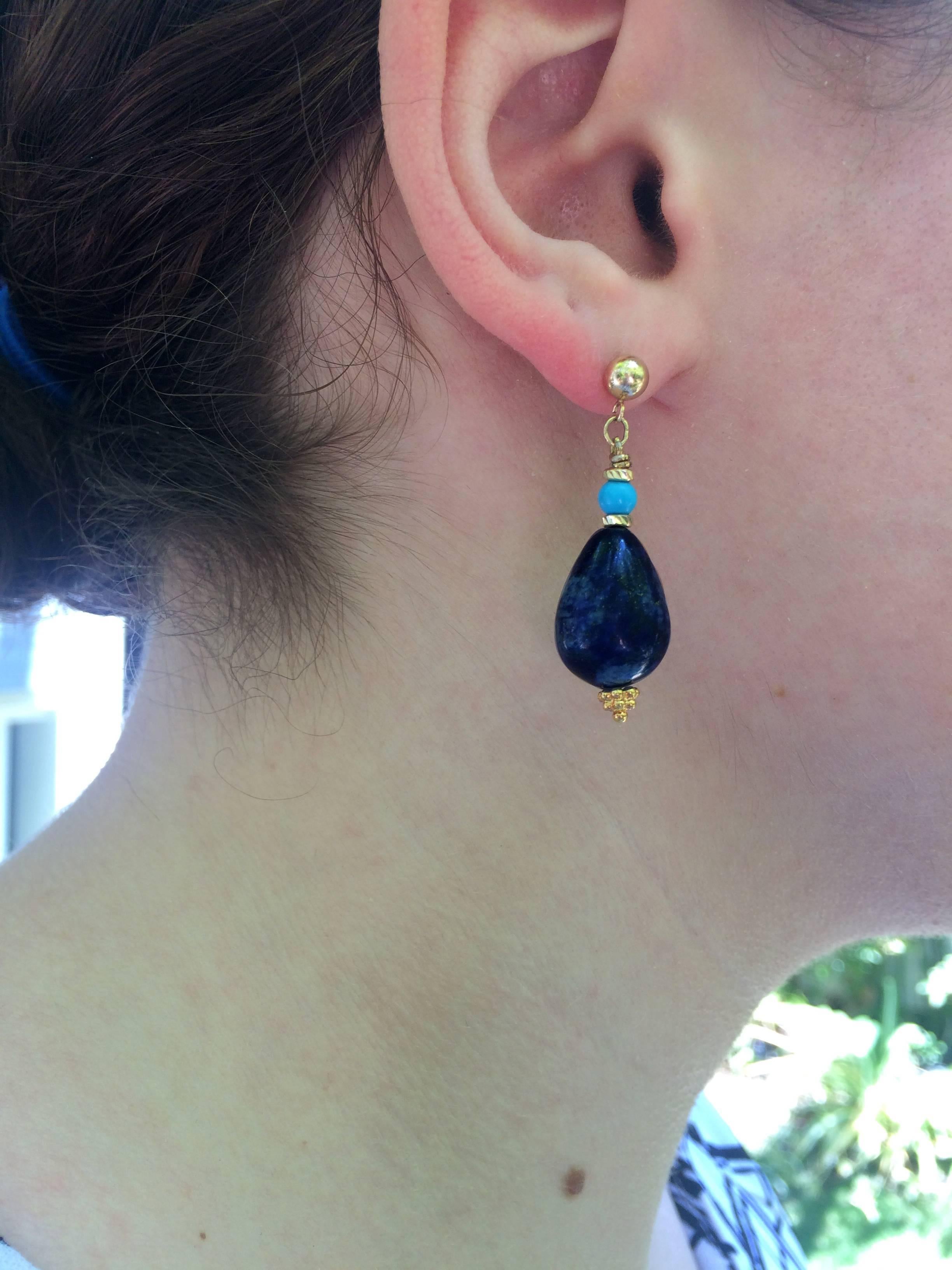 Marina J Lapis Lazuli Turquoise Bead Gold Drop Earrings In New Condition In Los Angeles, CA