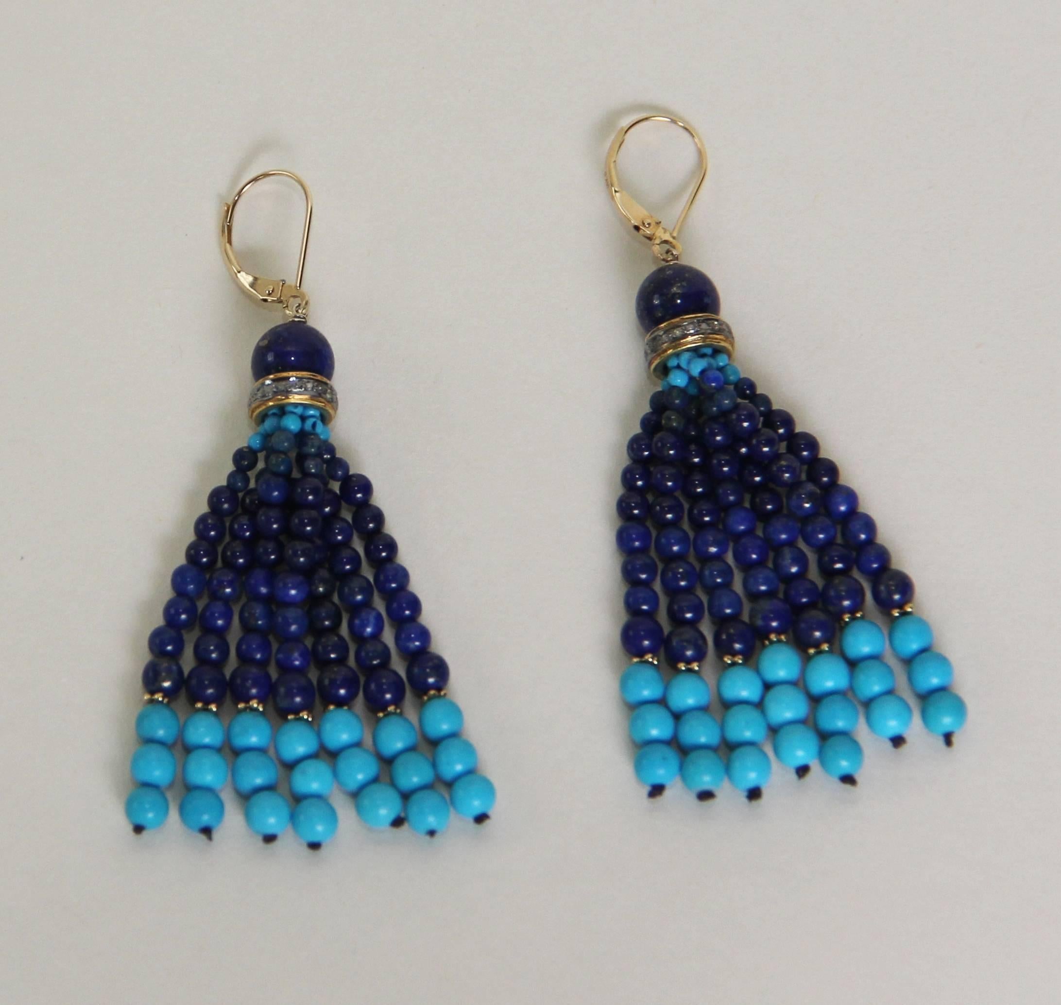 Artist Marina J Turquoise Lapis Lazuli Diamond Gold Tassel Earrings