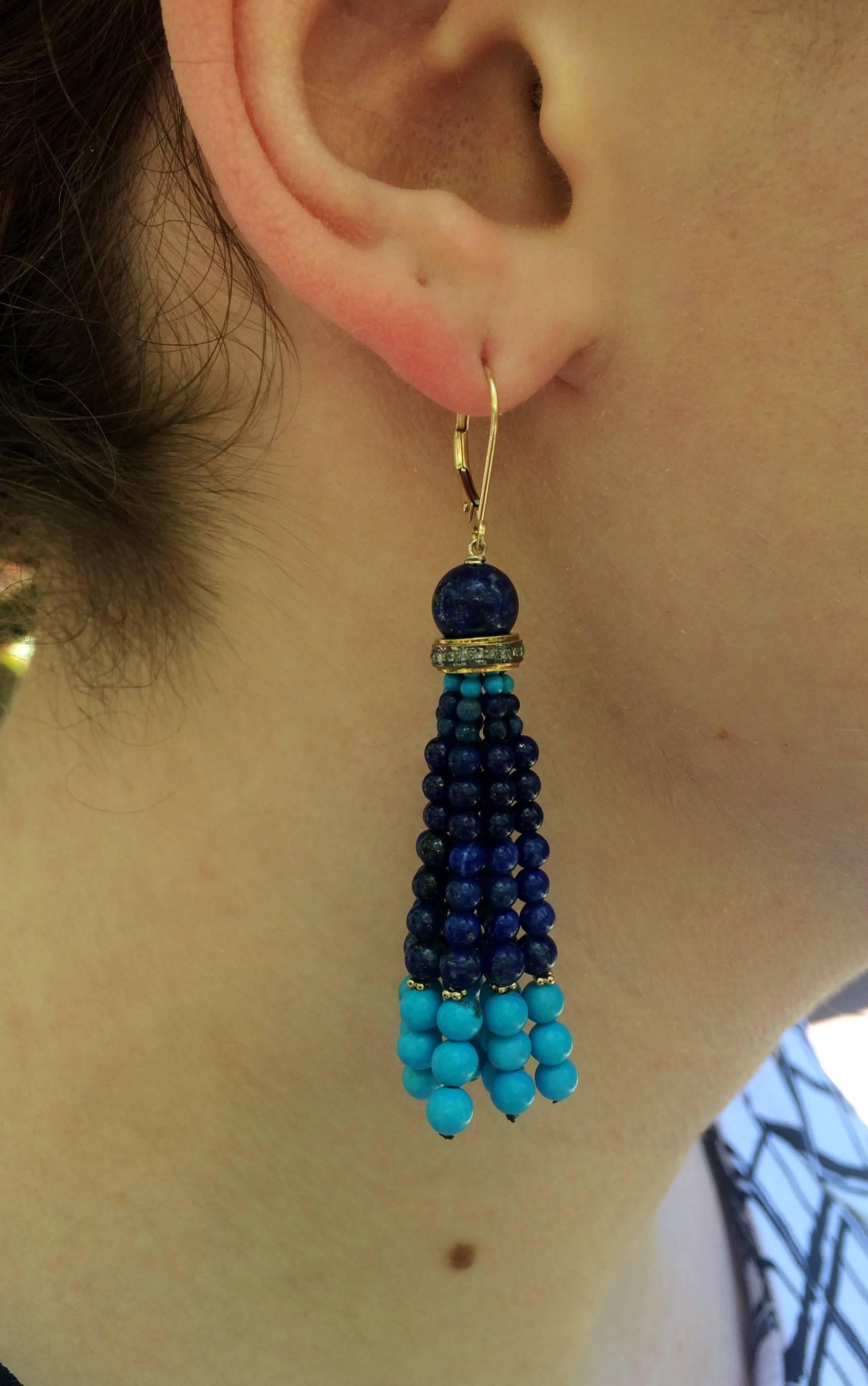 Marina J Turquoise Lapis Lazuli Diamond Gold Tassel Earrings In New Condition In Los Angeles, CA