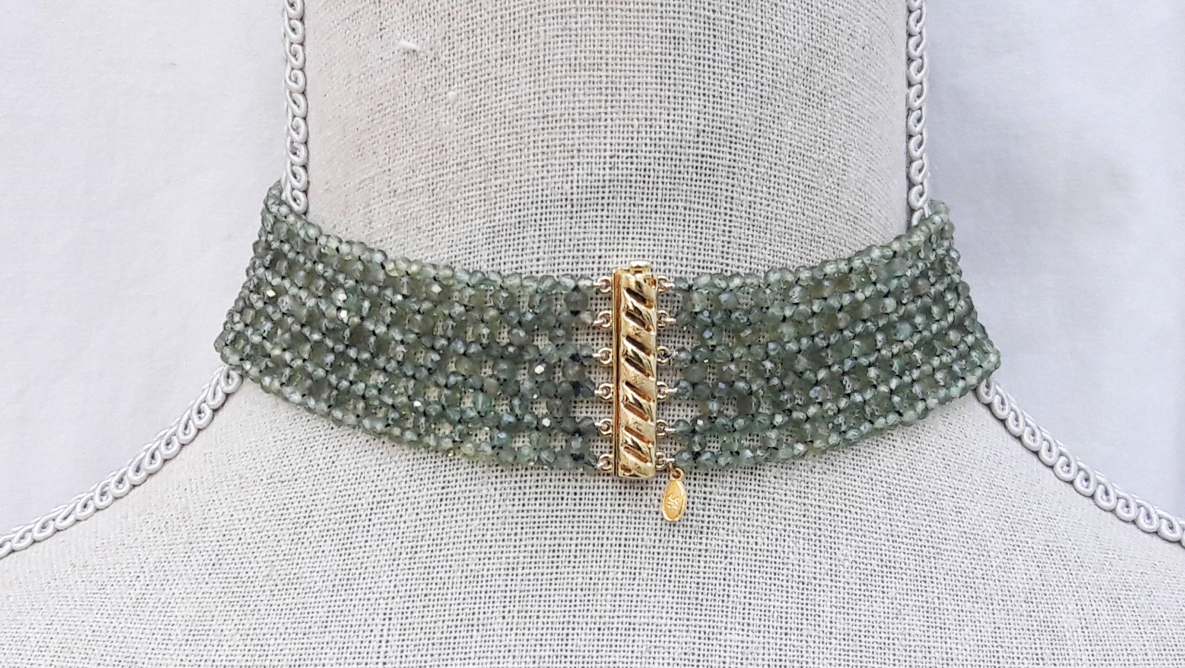 Artist Marina J Woven Faceted Green Onyx Choker with Yellow Gold Plated Silver Clasp