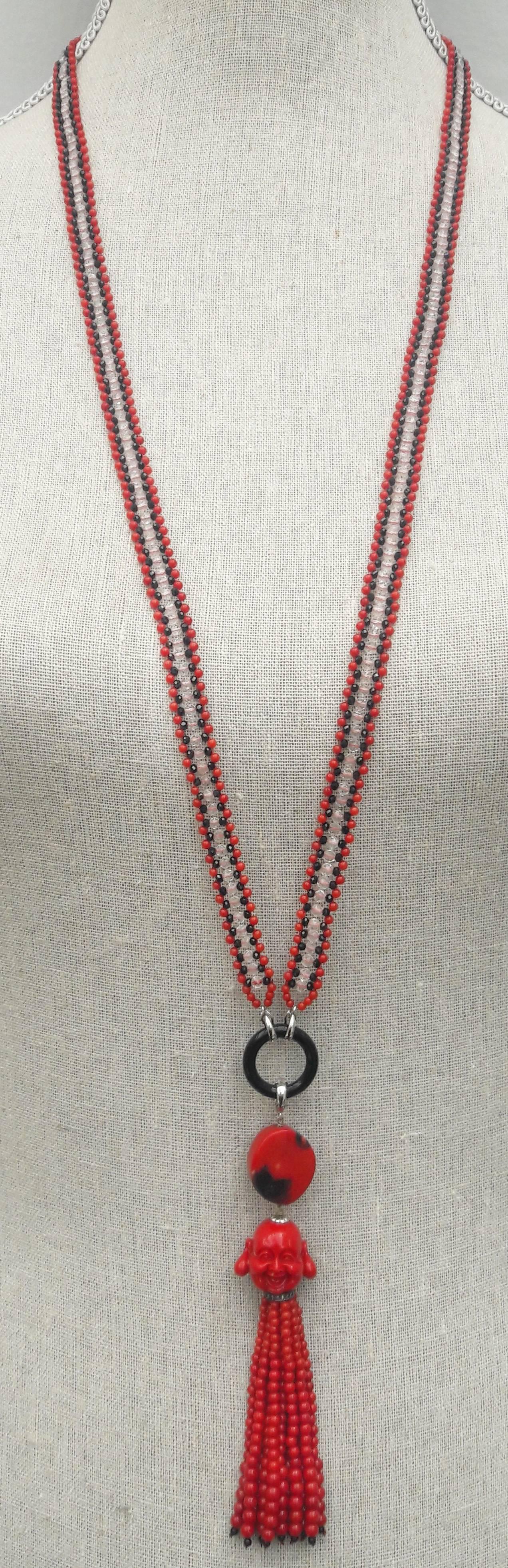 Marina J Coral, Black Spinel, and Rose Quartz Beaded Buddha Tassel Necklace In New Condition In Los Angeles, CA