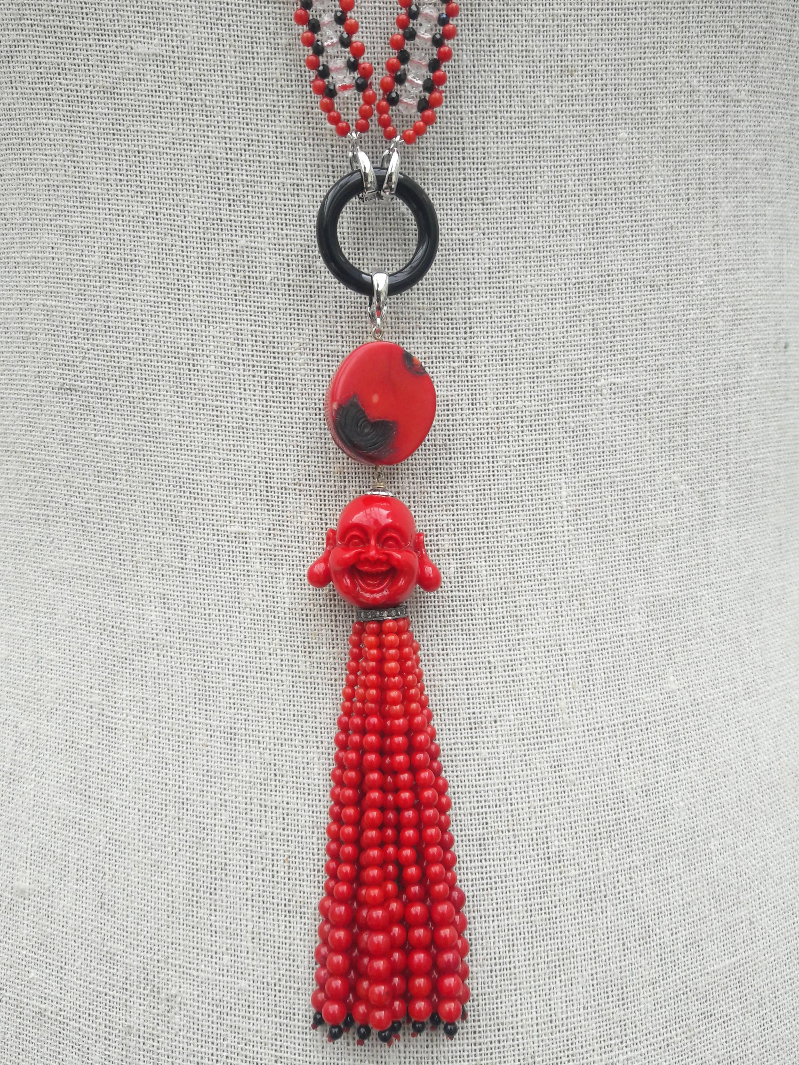 Marina J Coral, Black Spinel, and Rose Quartz Beaded Buddha Tassel Necklace 3