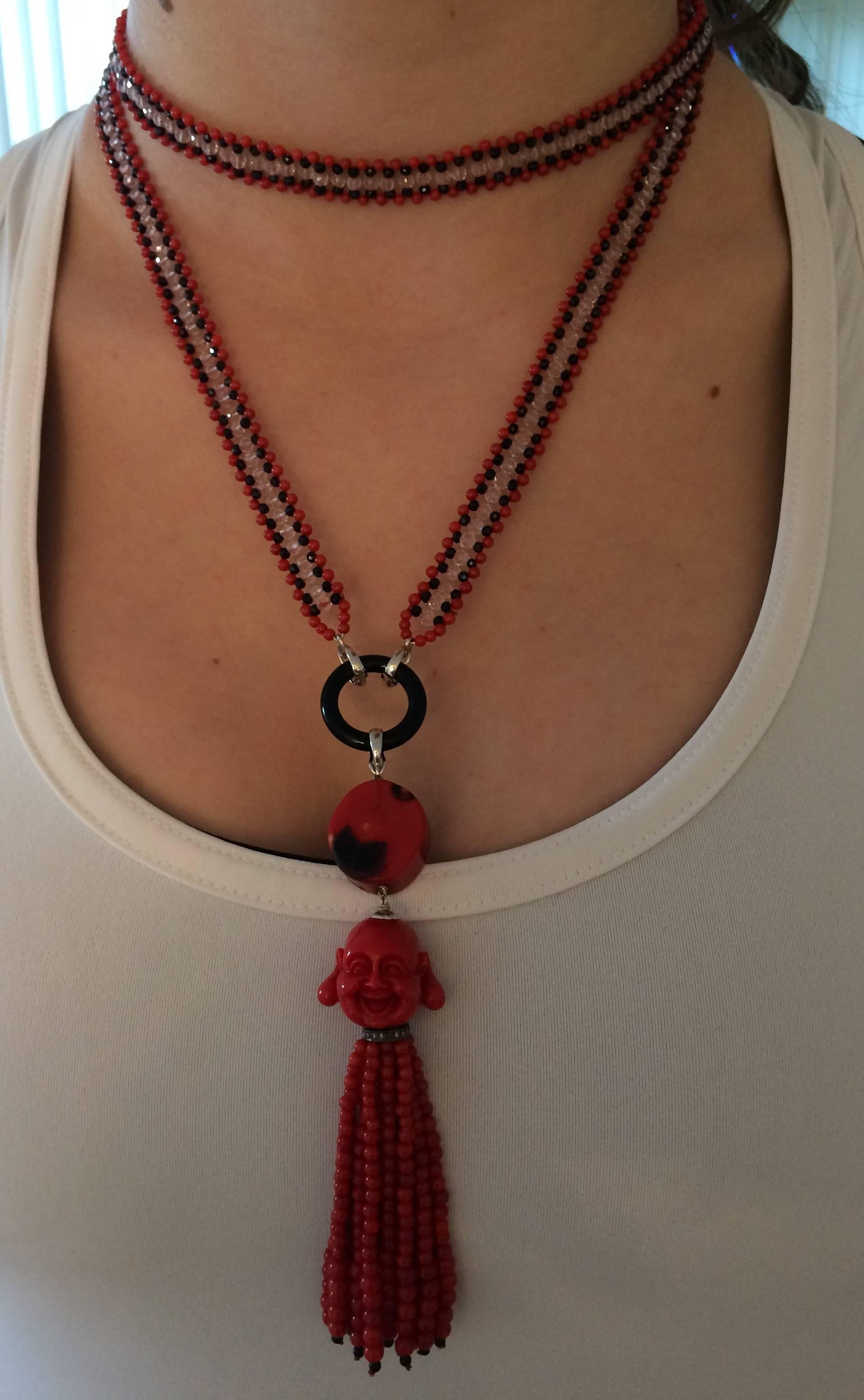 Marina J Coral, Black Spinel, and Rose Quartz Beaded Buddha Tassel Necklace 4