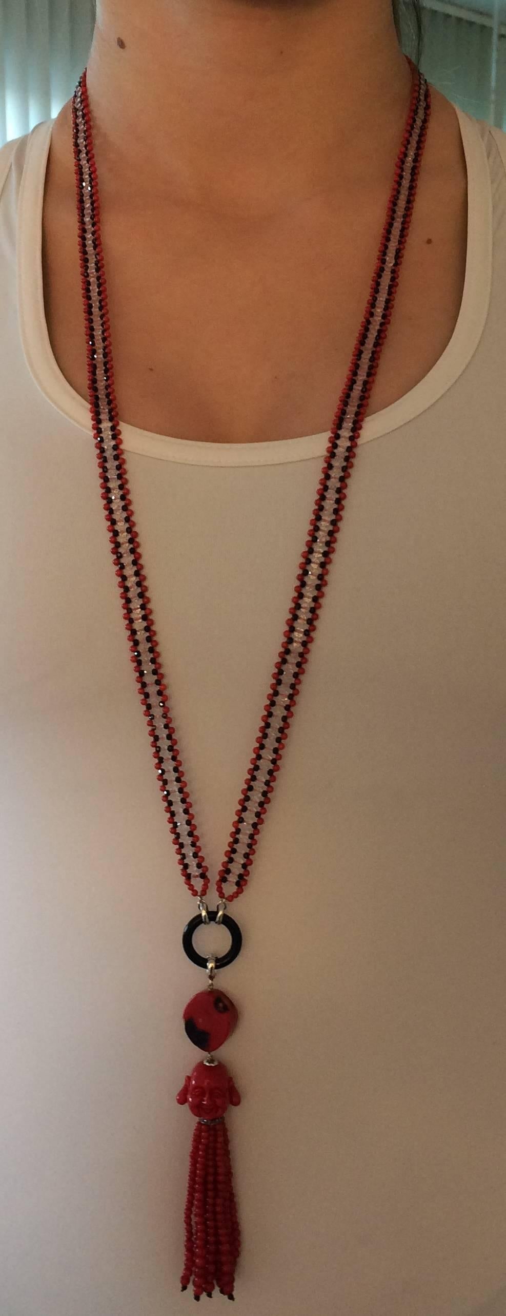 Marina J Coral, Black Spinel, and Rose Quartz Beaded Buddha Tassel Necklace 5