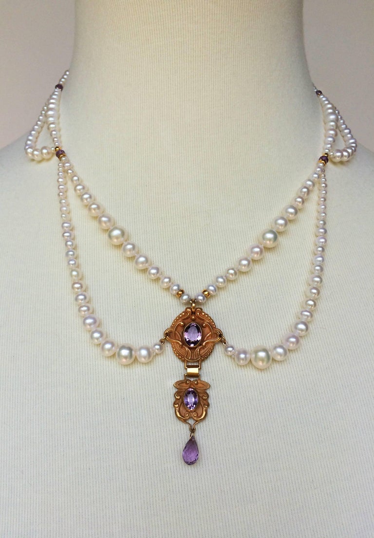 Marina J Graduated Pearl Necklace with Vintage Amethyst Double Pendant ...