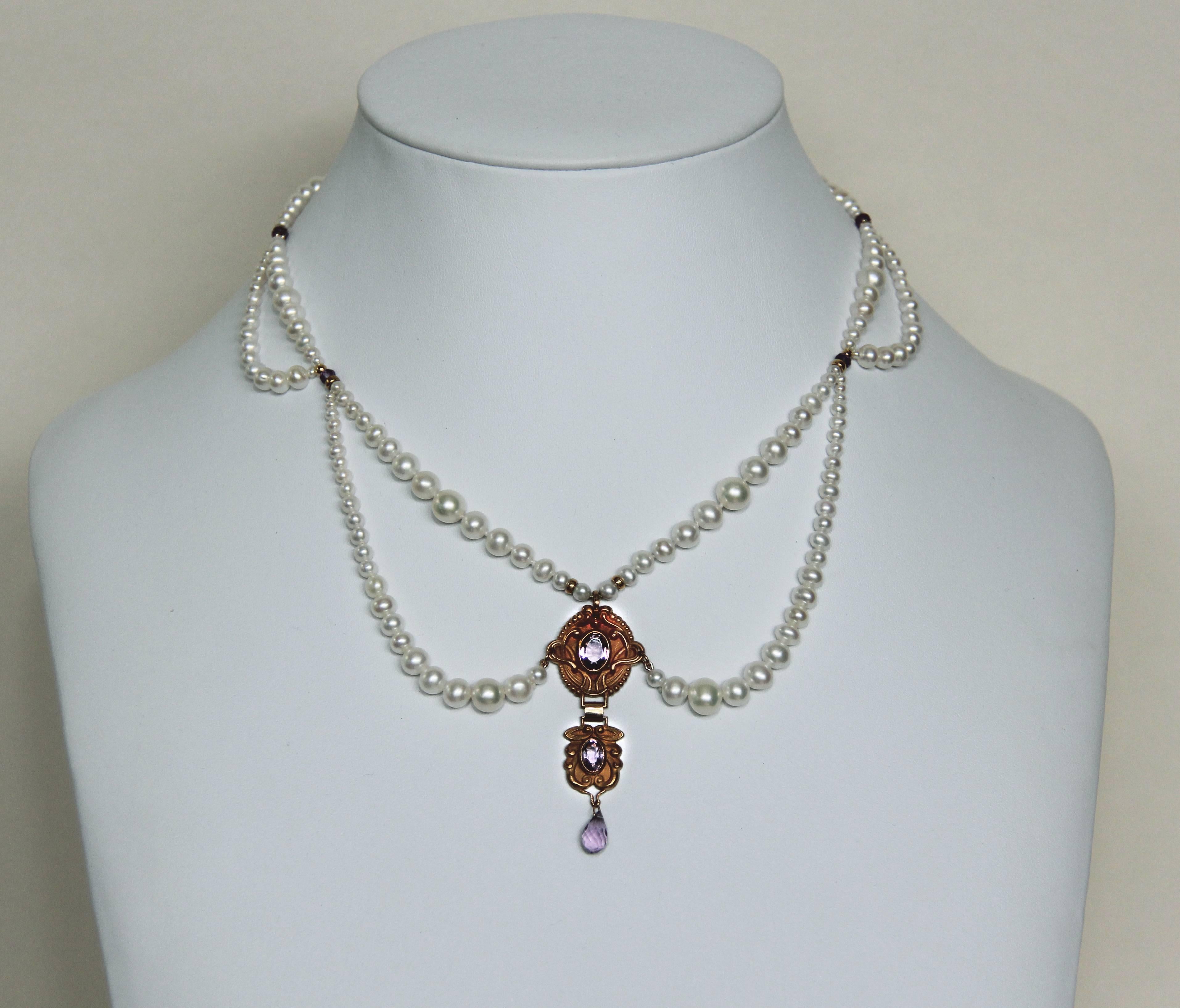Victorian Marina J Graduated Pearl Necklace with Vintage Amethyst Double Pendant