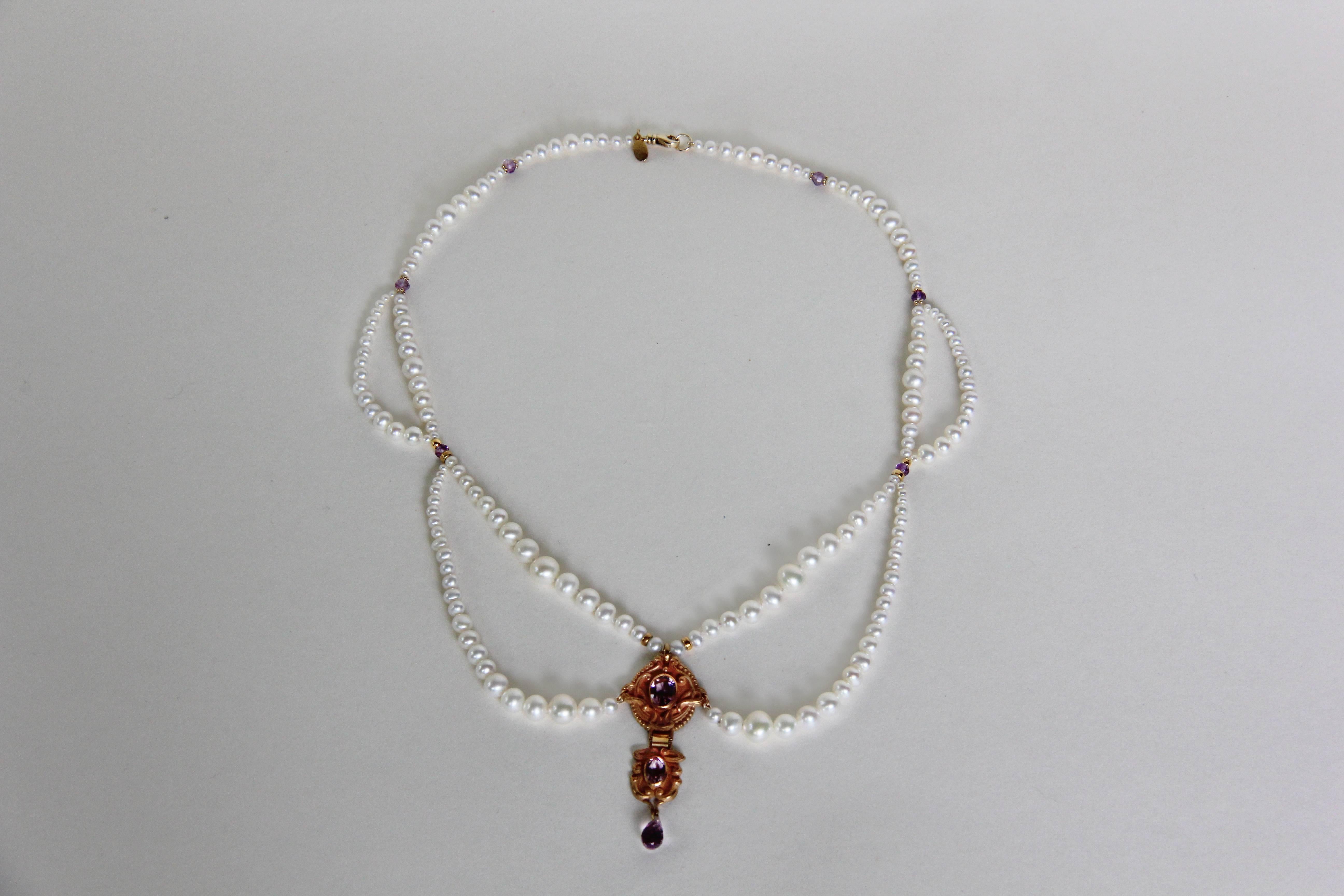 Marina J Graduated Pearl Necklace with Vintage Amethyst Double Pendant In New Condition In Los Angeles, CA