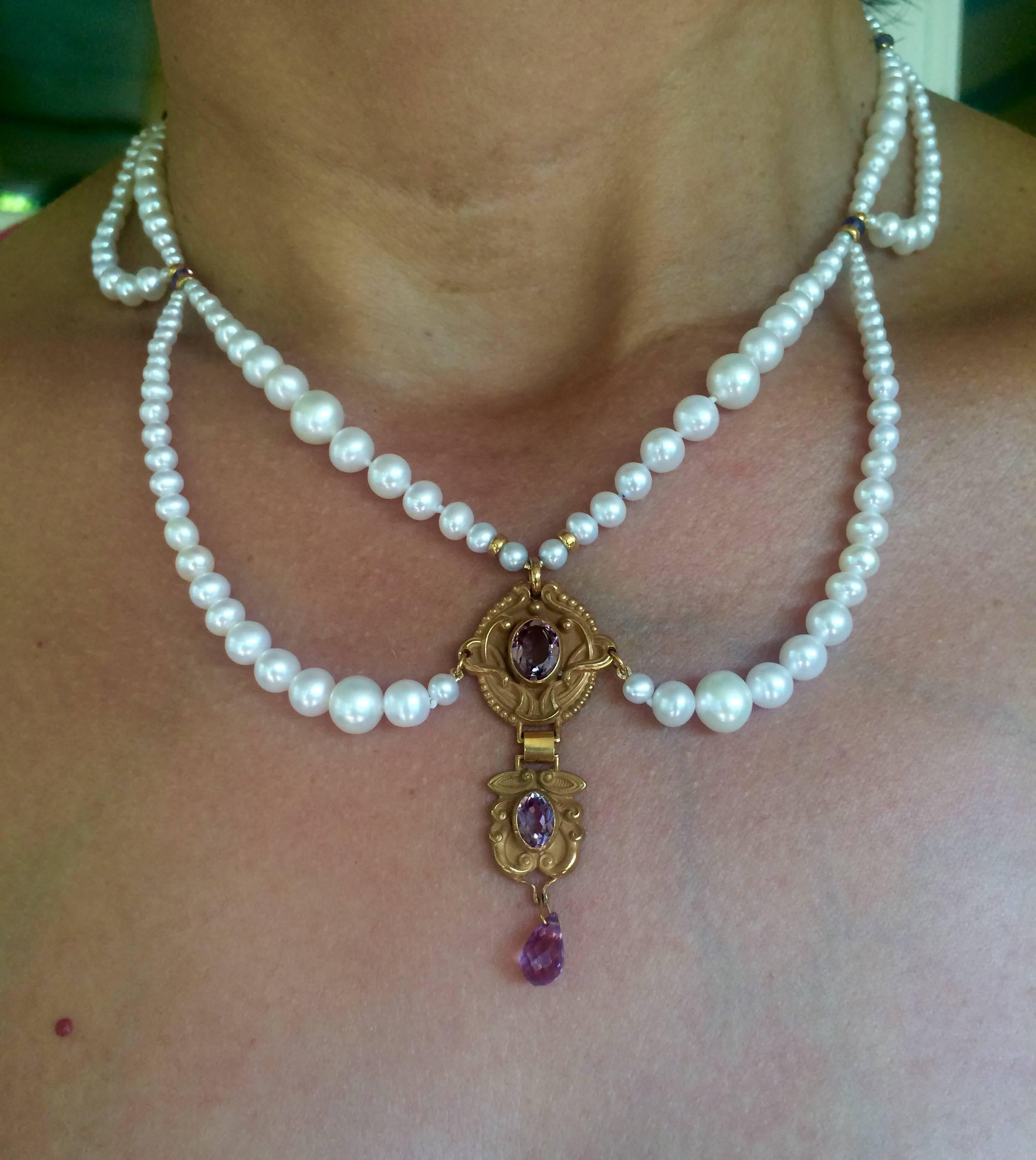 Bead Marina J Graduated Pearl Necklace with Vintage Amethyst Double Pendant