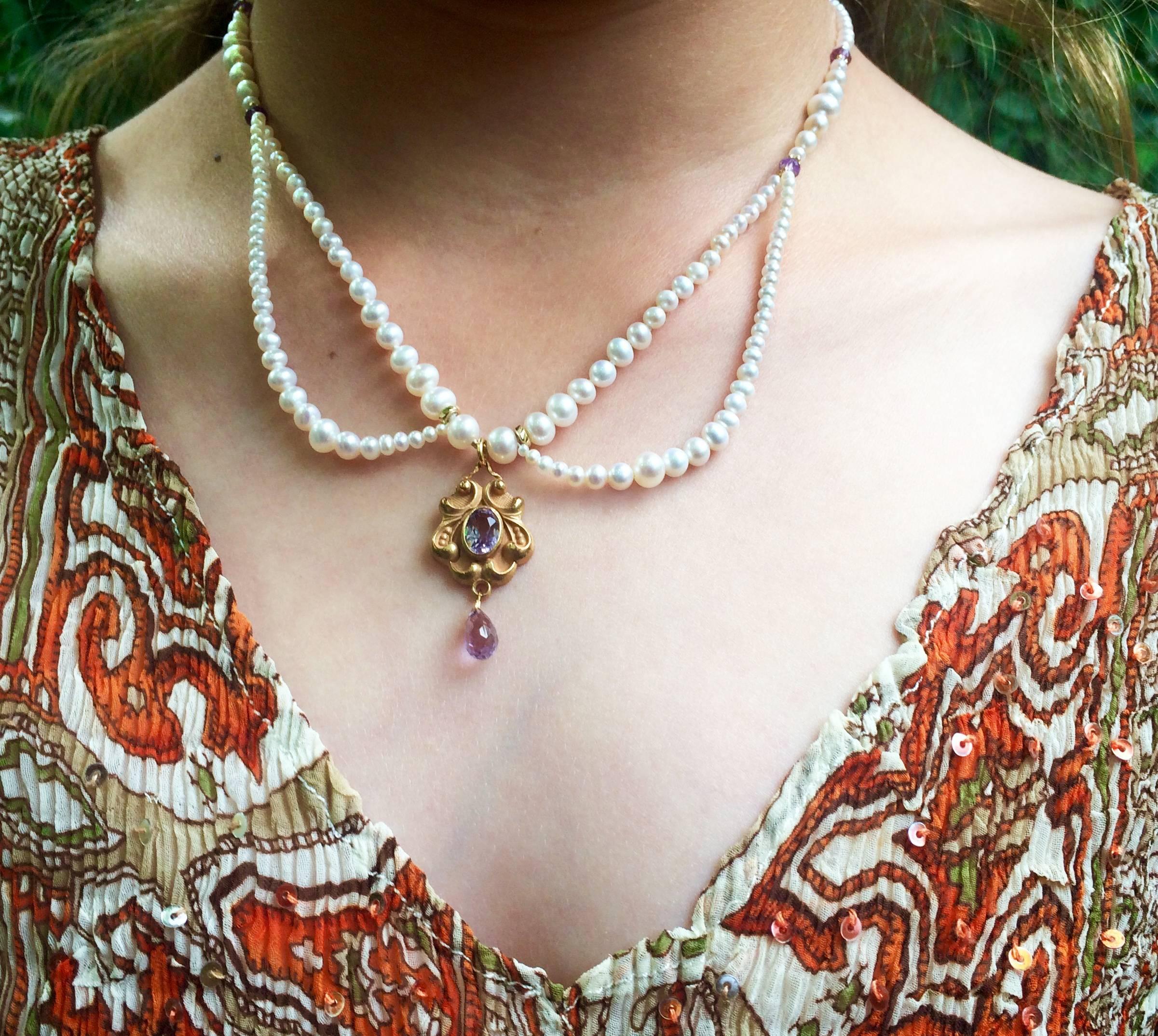 Artist Marina J Graduated Pearl and Amethyst Necklace with Vintage Gold Pendant