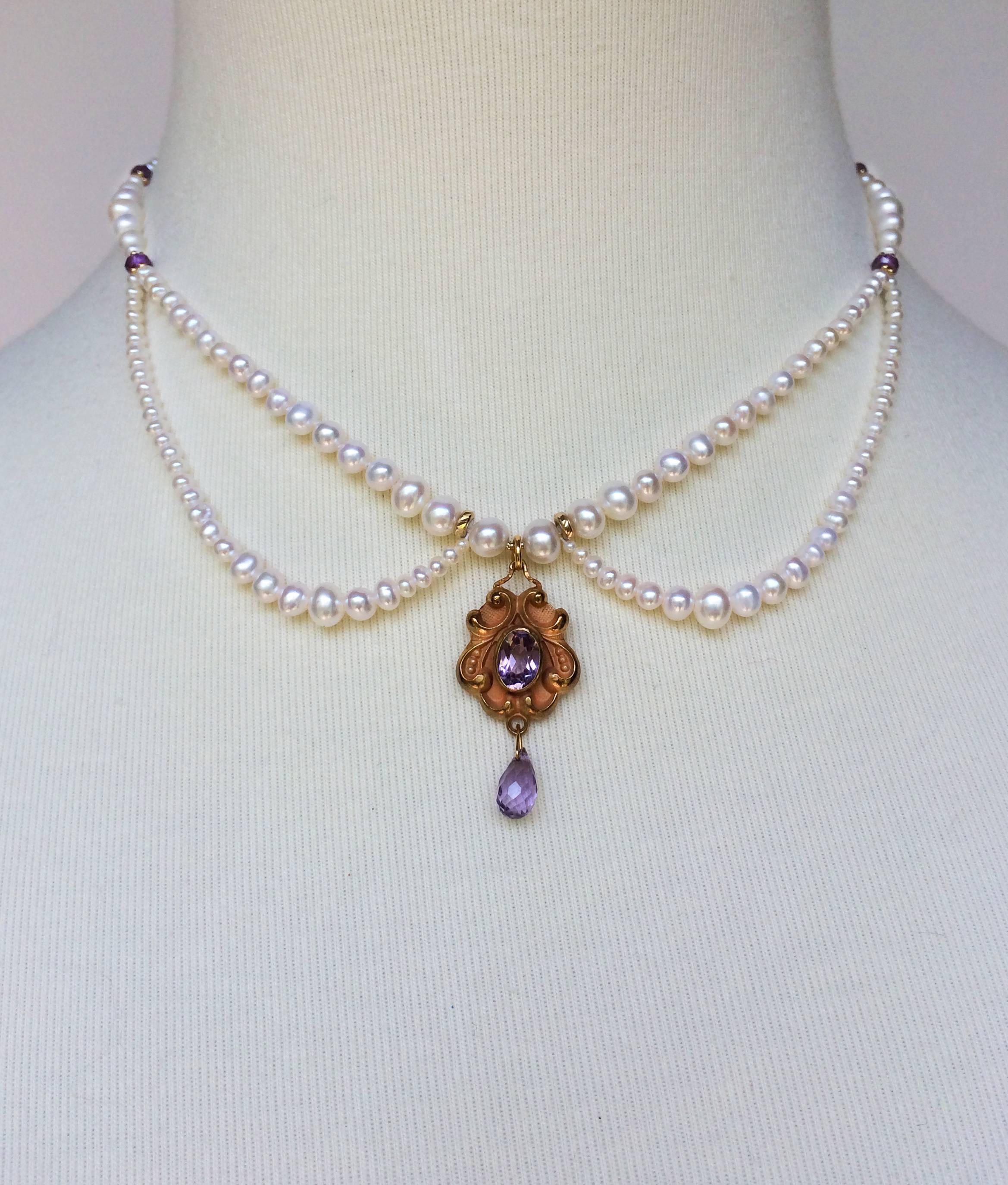 This necklace has delicate and graduated pearls, highlighting the youthful character of the necklace. The pearls are strung to be secure and strong. The clasp is 14k gold and the pendant is vintage and has amethyst stones. The length is 16 inches