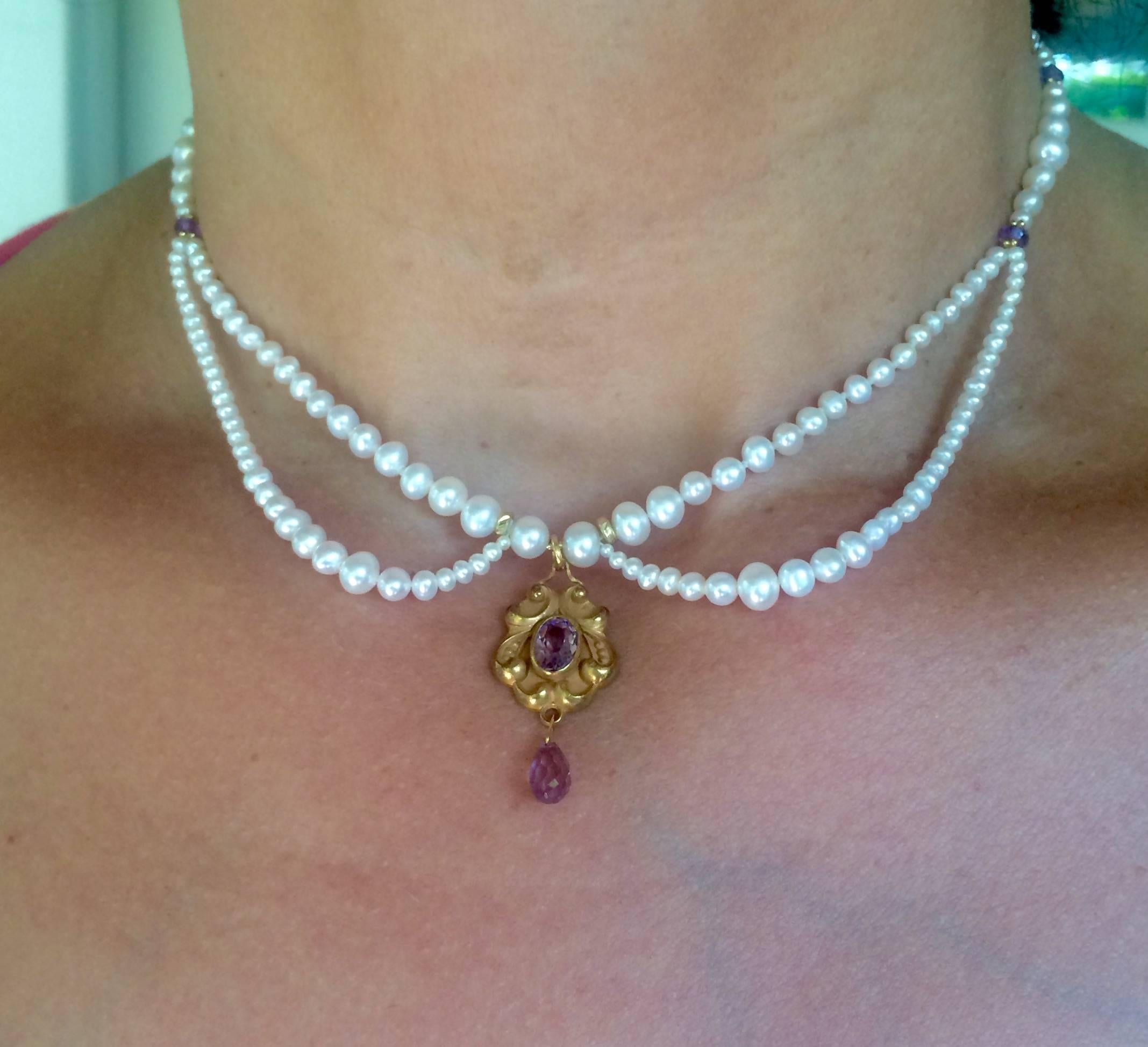 Bead Marina J Graduated Pearl and Amethyst Necklace with Vintage Gold Pendant
