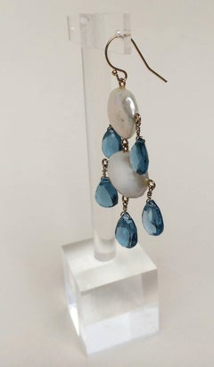 Marina J Double Pearl Earrings with London Blue Topaz Drops and 14 k  gold