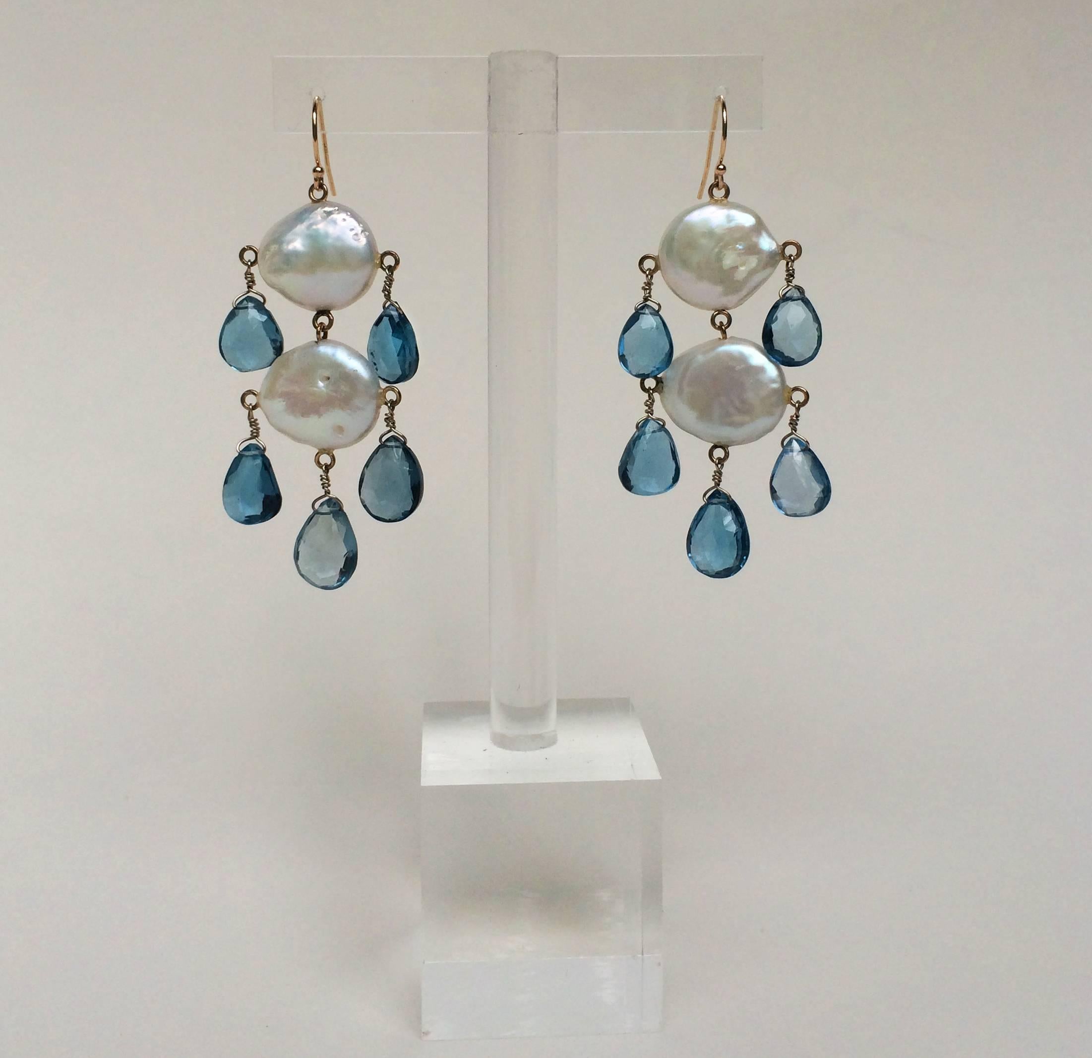 Bead Marina J Double Pearl Earrings with London Blue Topaz Drops and 14 k  gold 