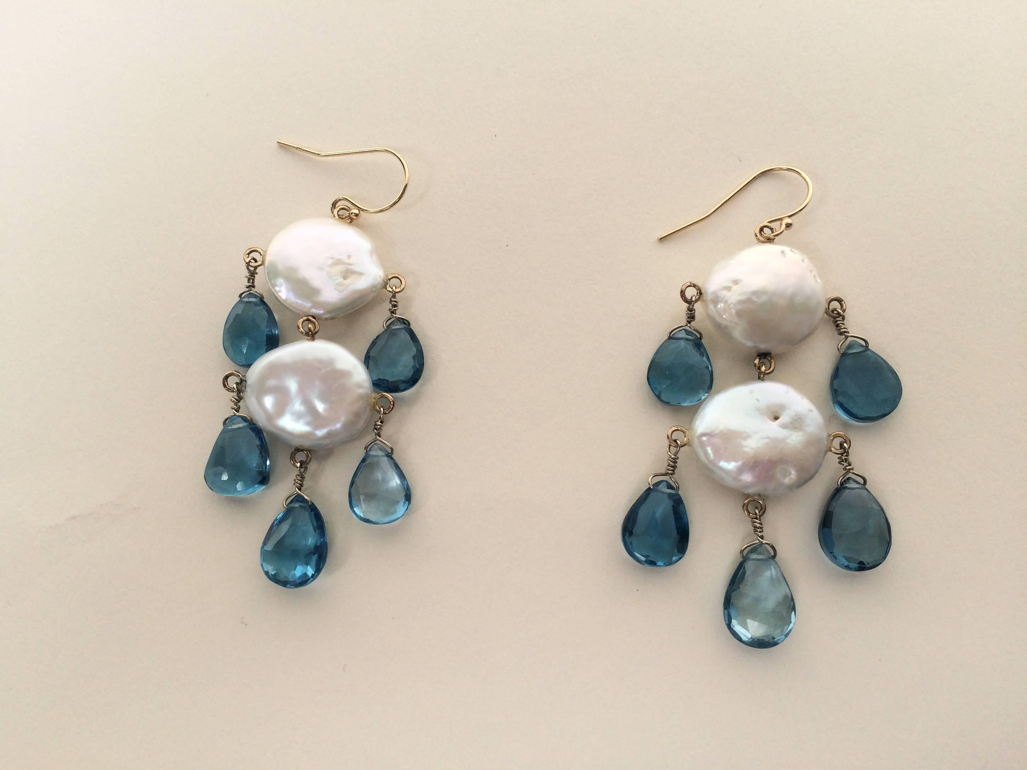 Artist Marina J Double Pearl Earrings with London Blue Topaz Drops and 14 k  gold 