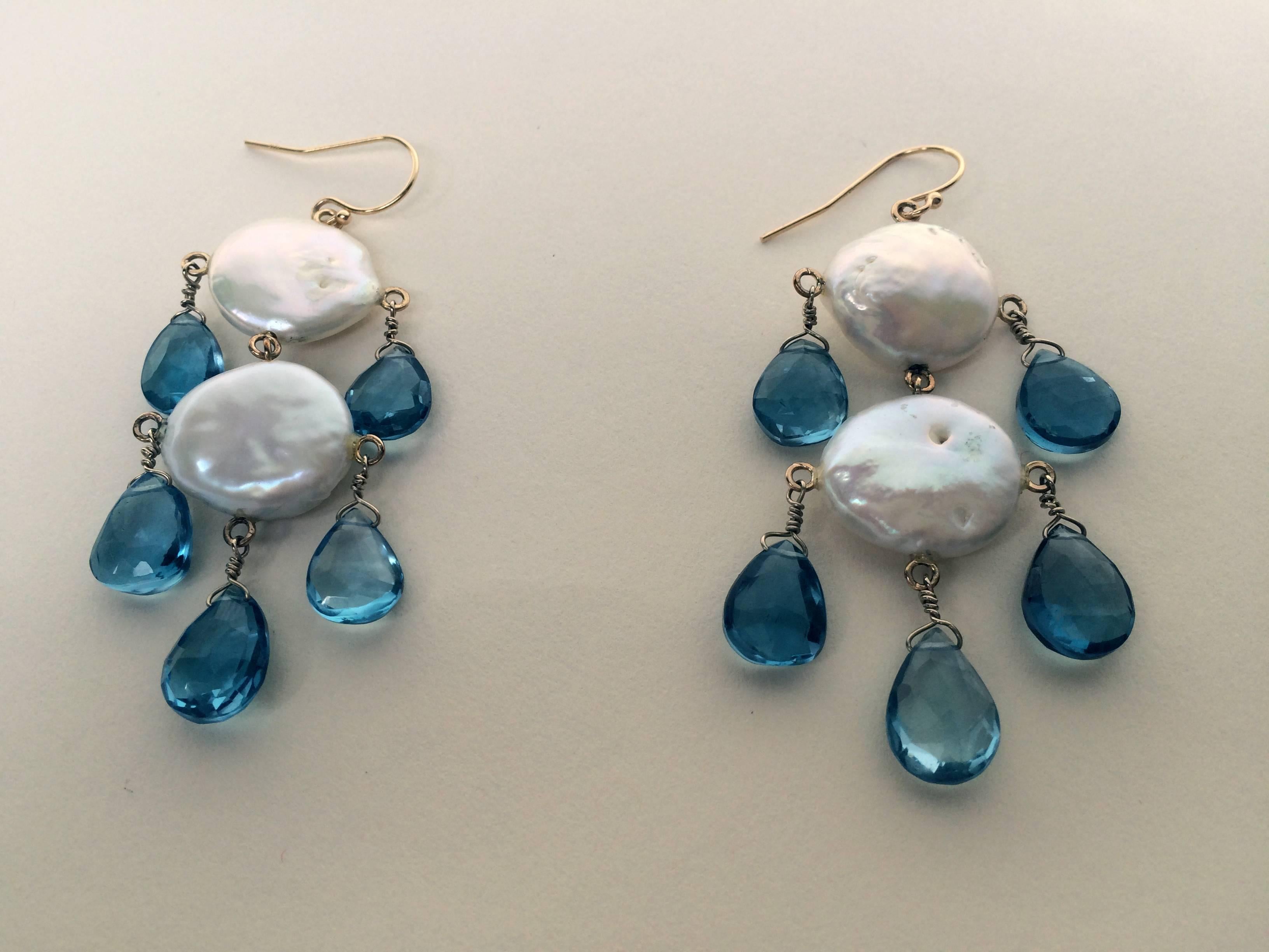 Women's Marina J Double Pearl Earrings with London Blue Topaz Drops and 14 k  gold 