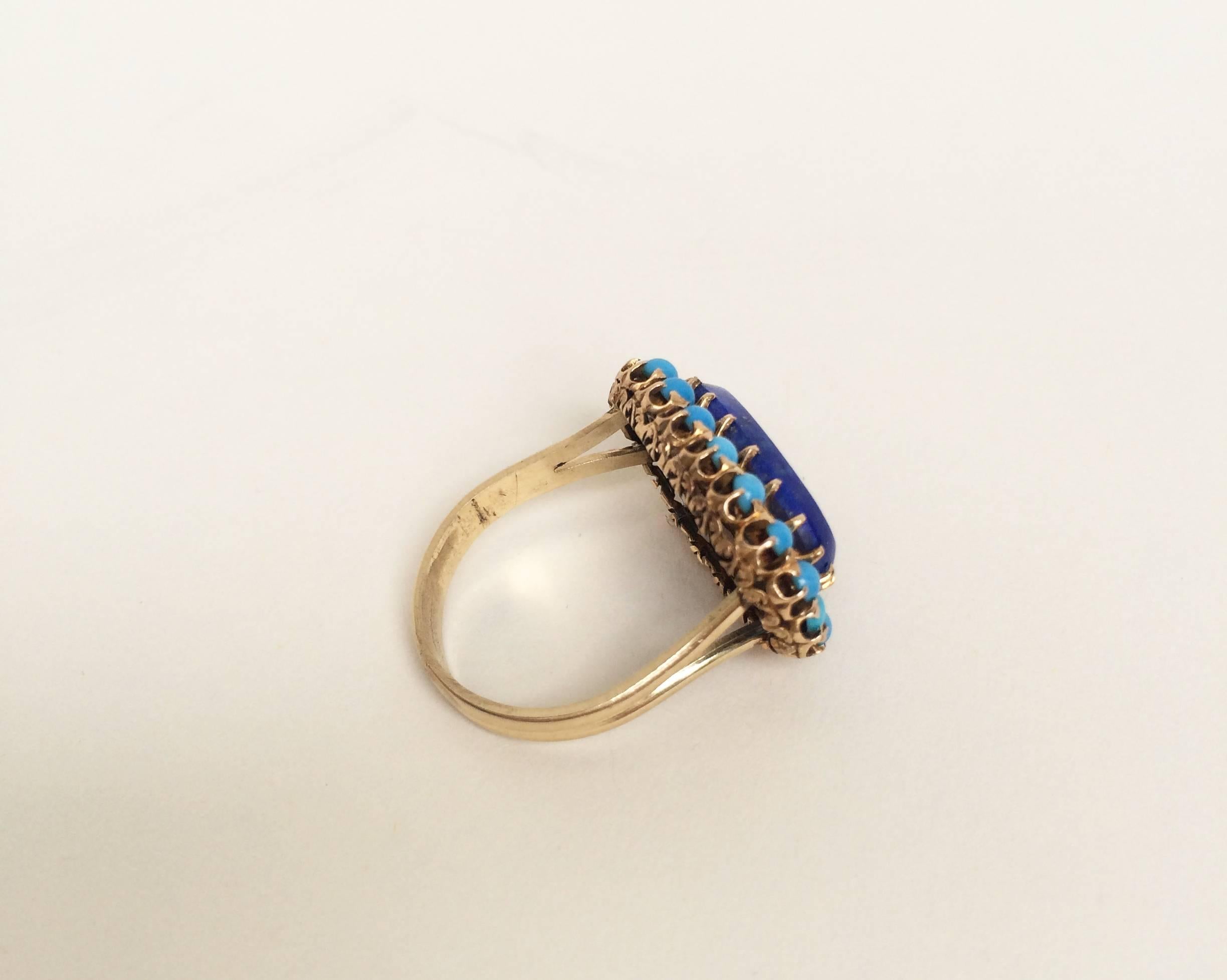 Artist Lapis Lazuli , Turquoise, and 14k Yellow Gold Ring Size 7.5