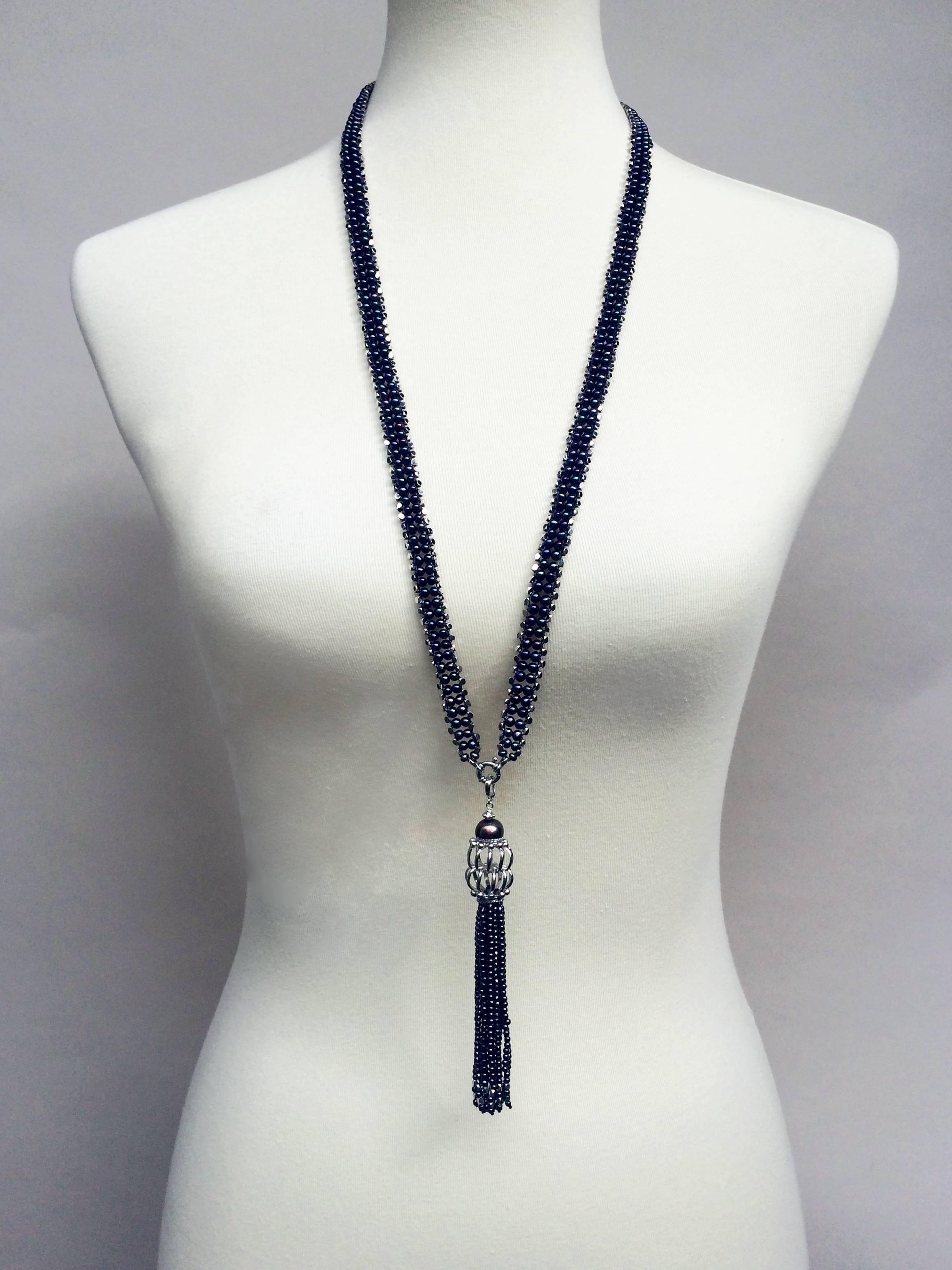 Marina J Black Pearl & Rhodium Sterling Silver Sautoir with Hematite Tassel In New Condition For Sale In Los Angeles, CA