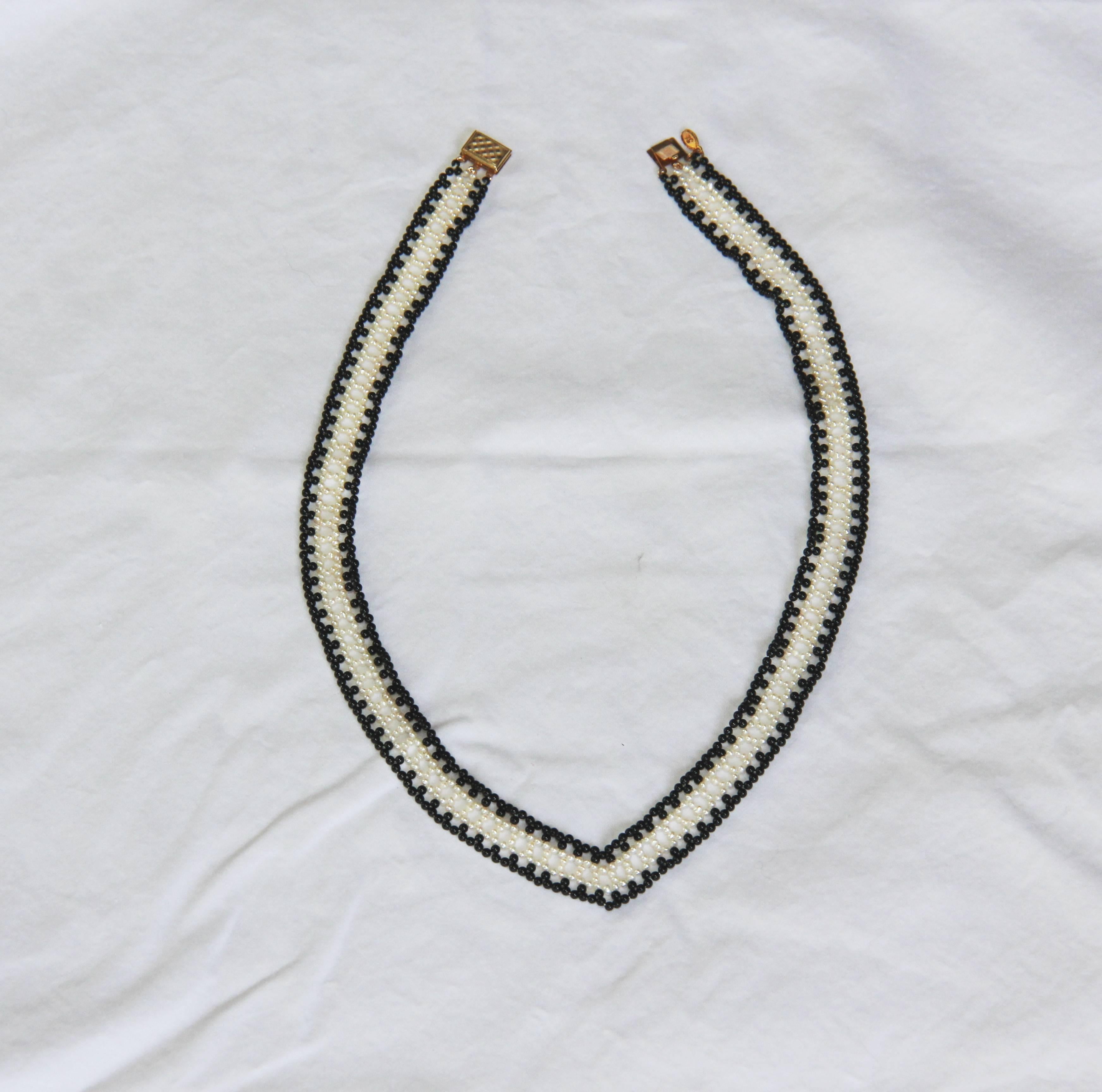 Marina J Black and White V Necklace with Pearls and Onyx Beads In New Condition In Los Angeles, CA