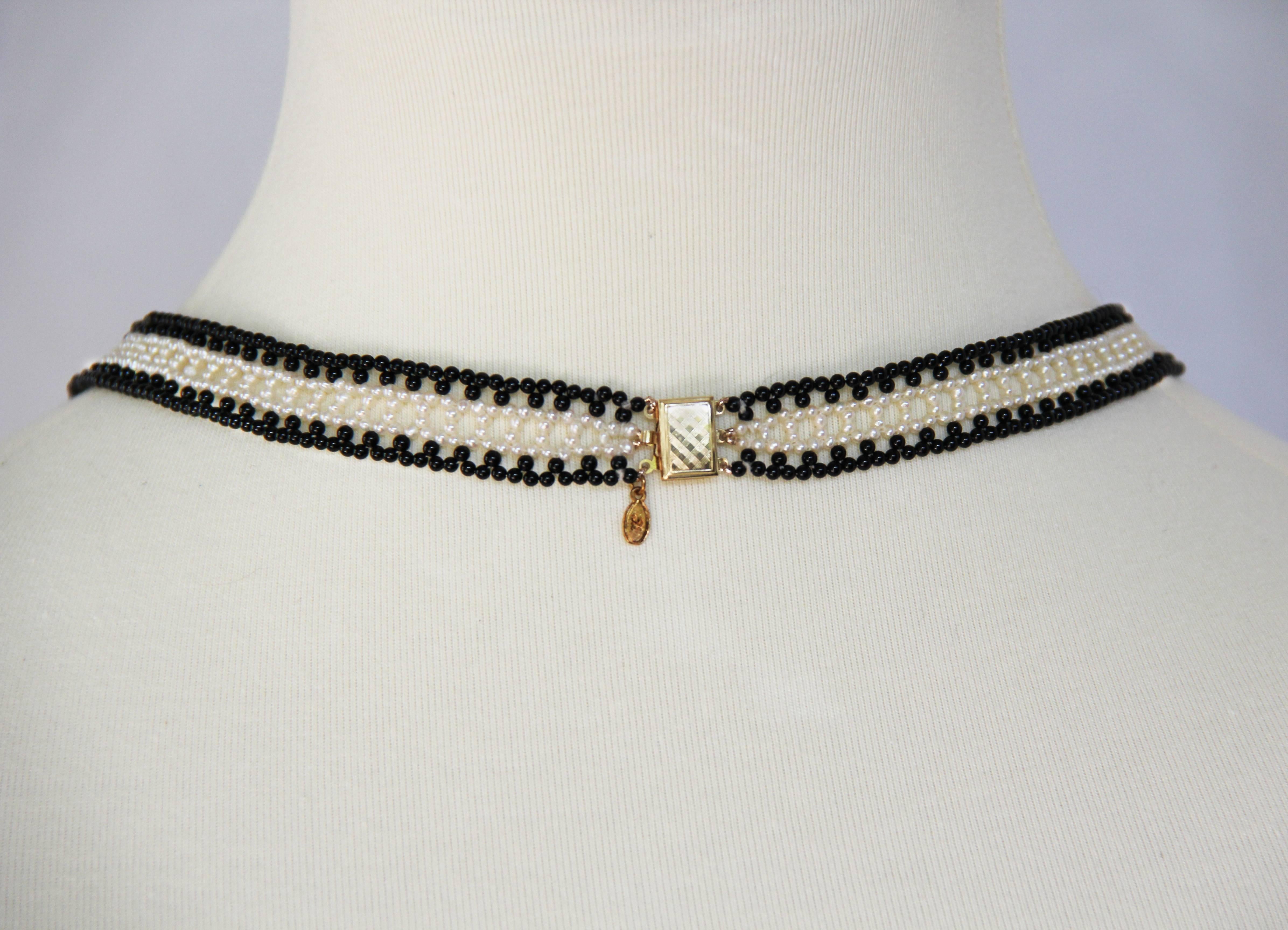 Artist Marina J Black and White V Necklace with Pearls and Onyx Beads