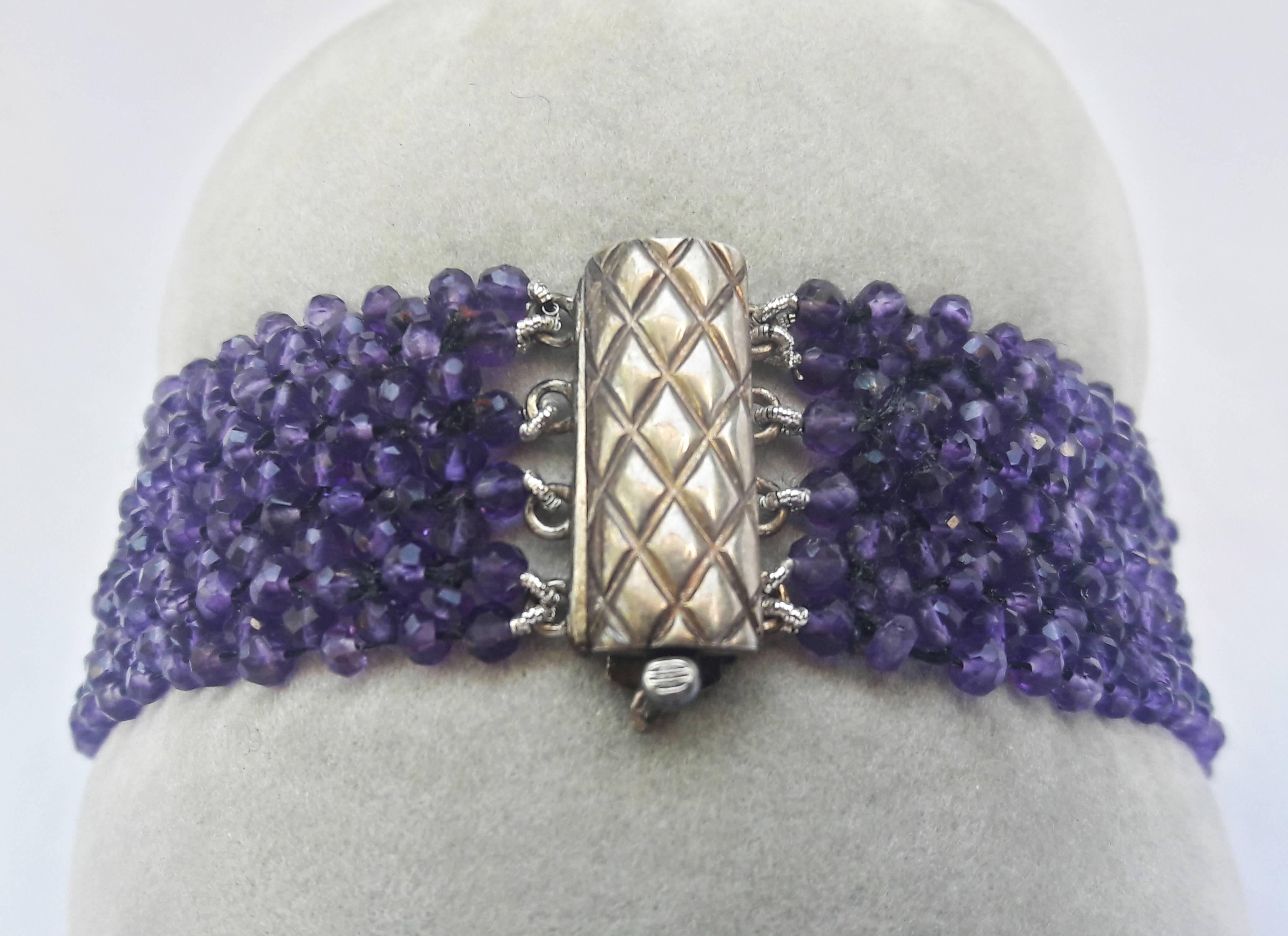 Artist Marina J. Woven Amethyst Beaded Bracelet with  Silver Clasp & Centerpiece For Sale