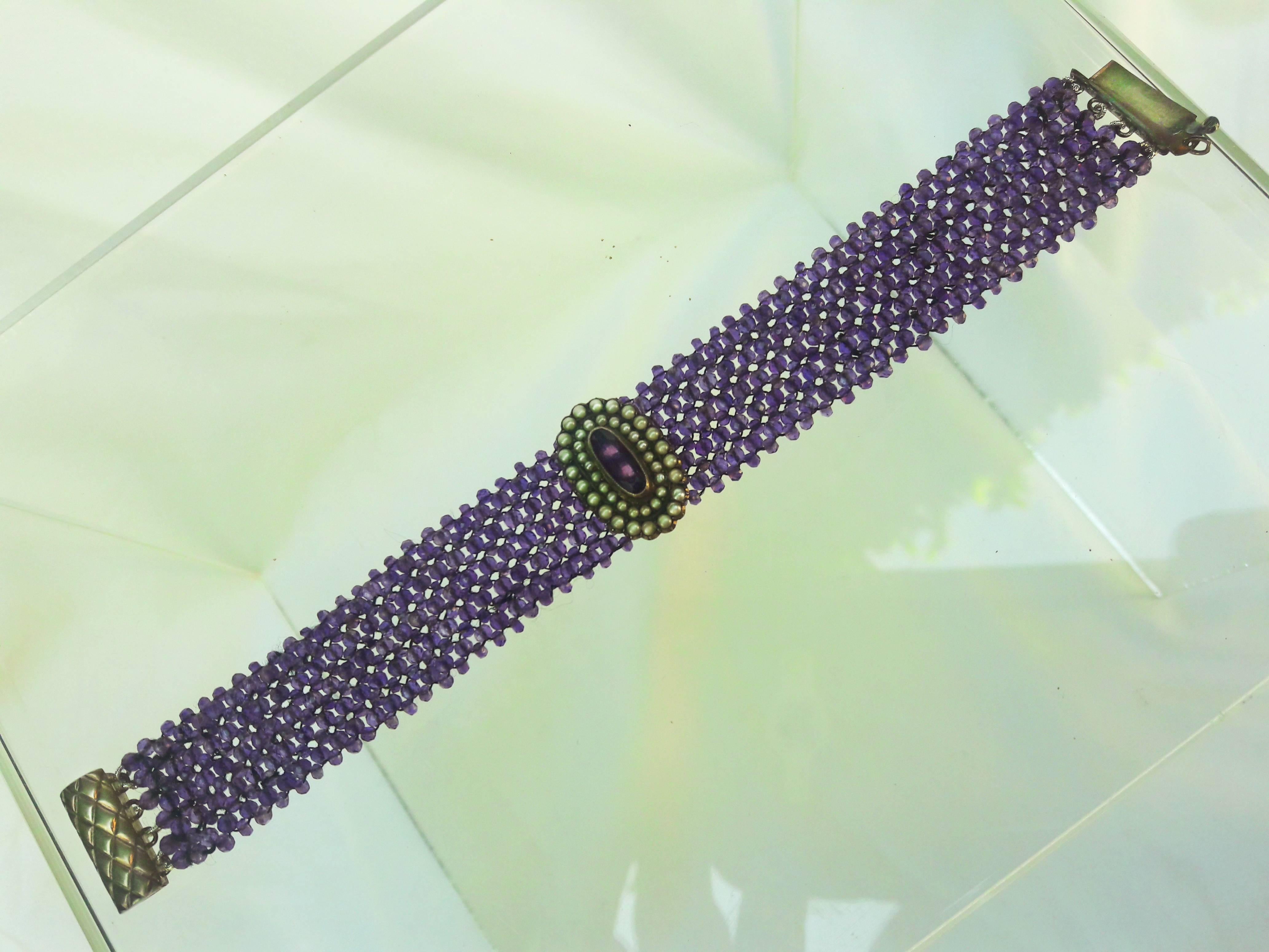 Marina J. Woven Amethyst Beaded Bracelet with  Silver Clasp & Centerpiece For Sale 1