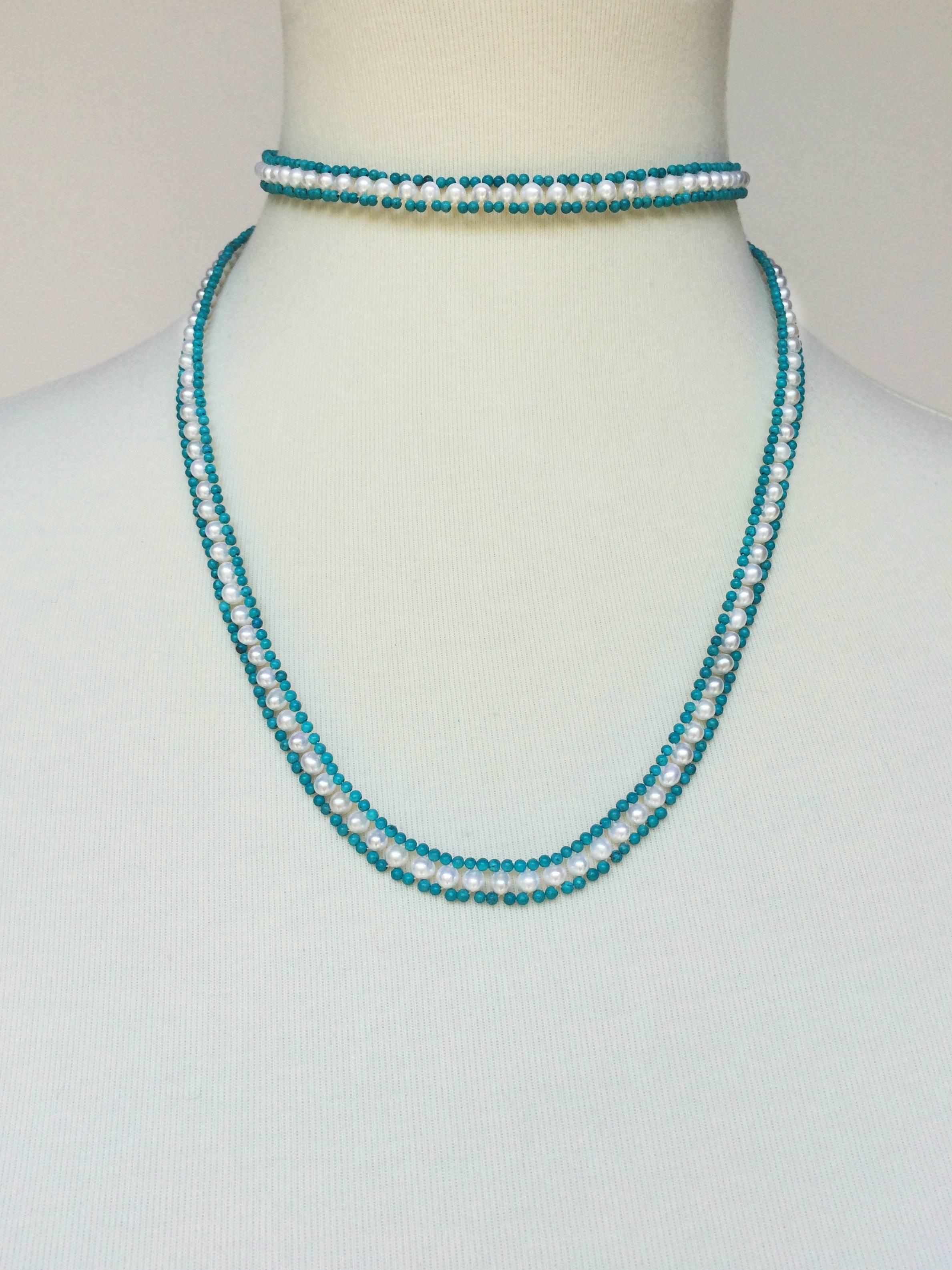 Marina J Turquoise and Pearl Tassel Sautoir In New Condition In Los Angeles, CA