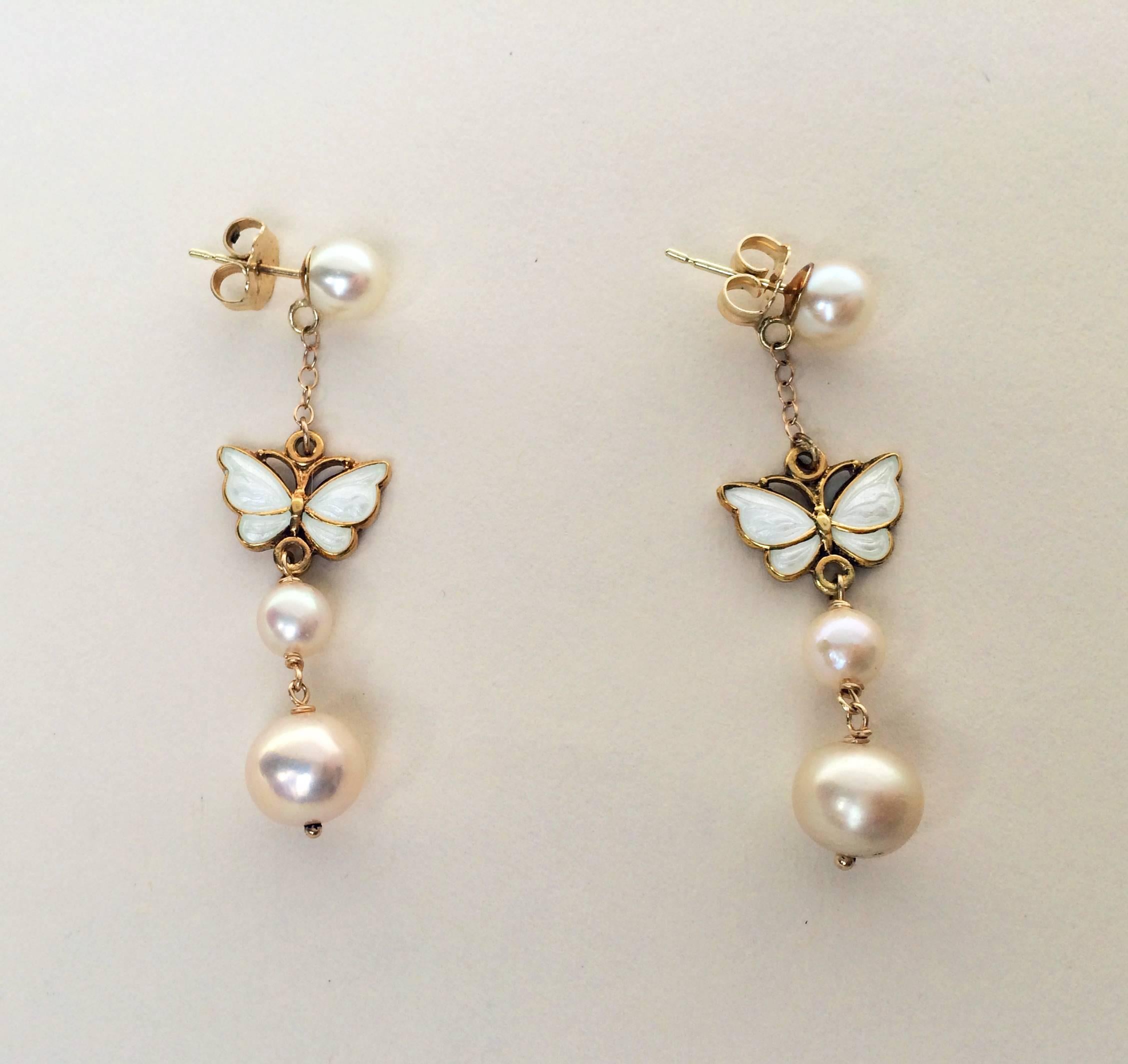 Women's Marina J Pearl Earrings with Vintage White Enamel Butterfly and 14 k Yellow gold