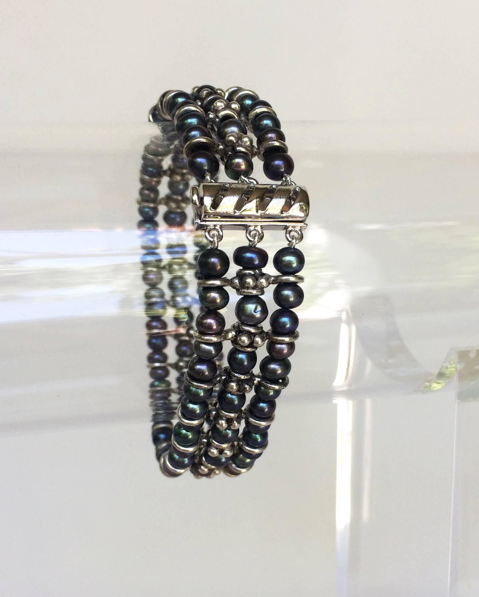 Bead Marina J. Black Pearl and Silver Bracelet with Sterling Silver Sliding Clasp