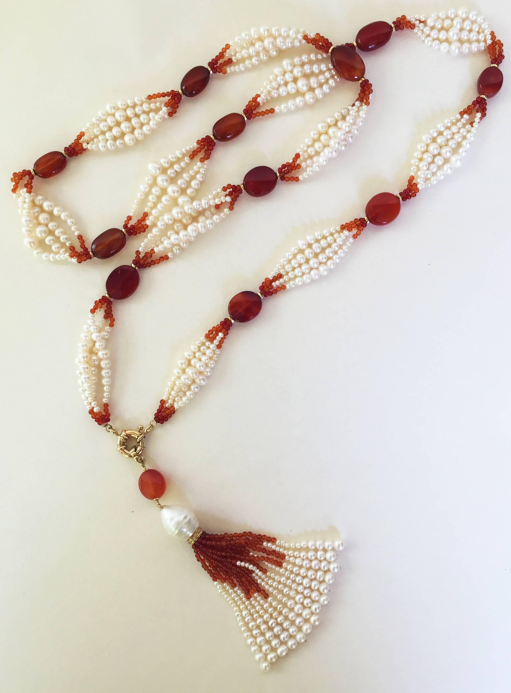 Pearl and Carnelian Graduated Pearl Sautoir by Marina J In New Condition In Los Angeles, CA