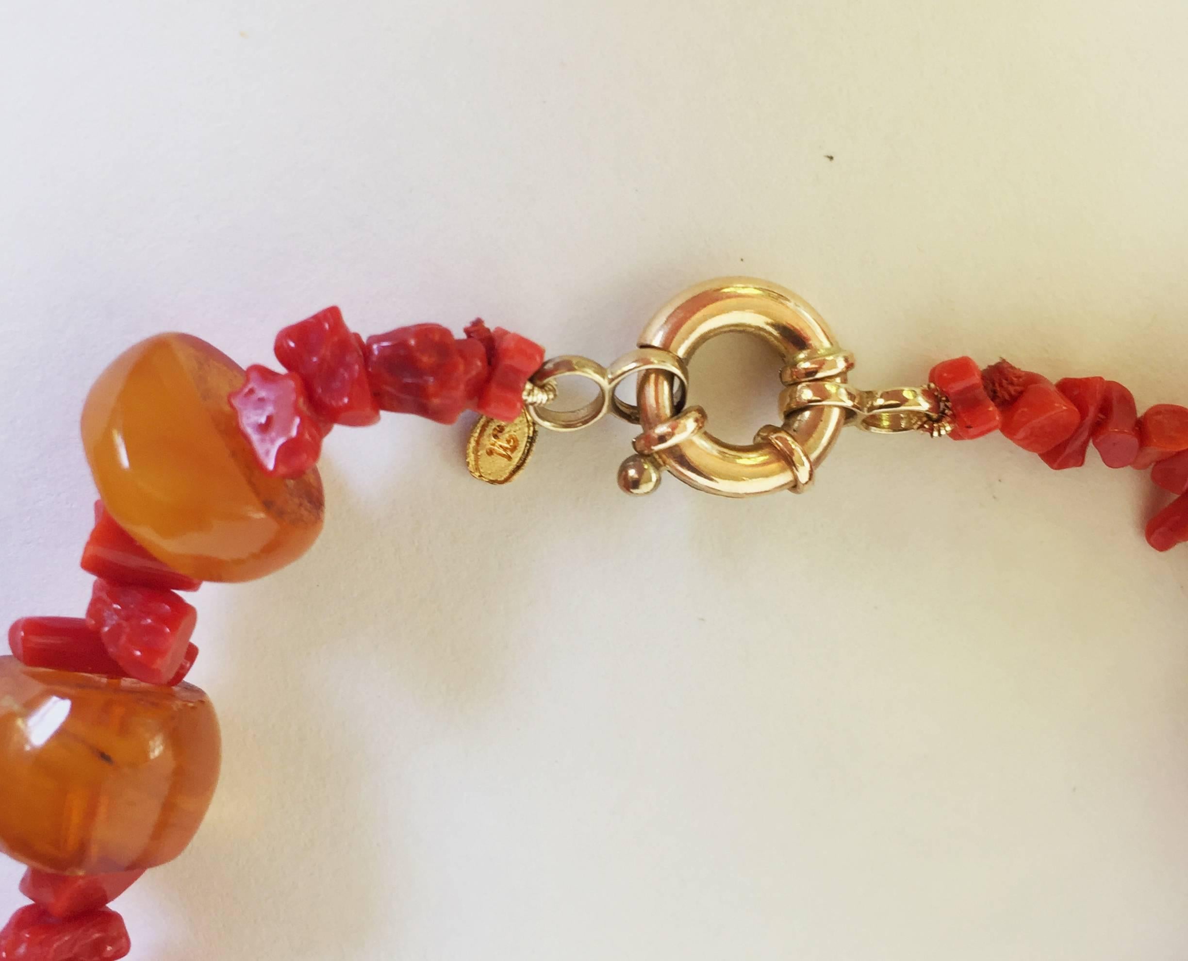 Artist Large Coral Amber Necklace Gold Clasp by Marina J