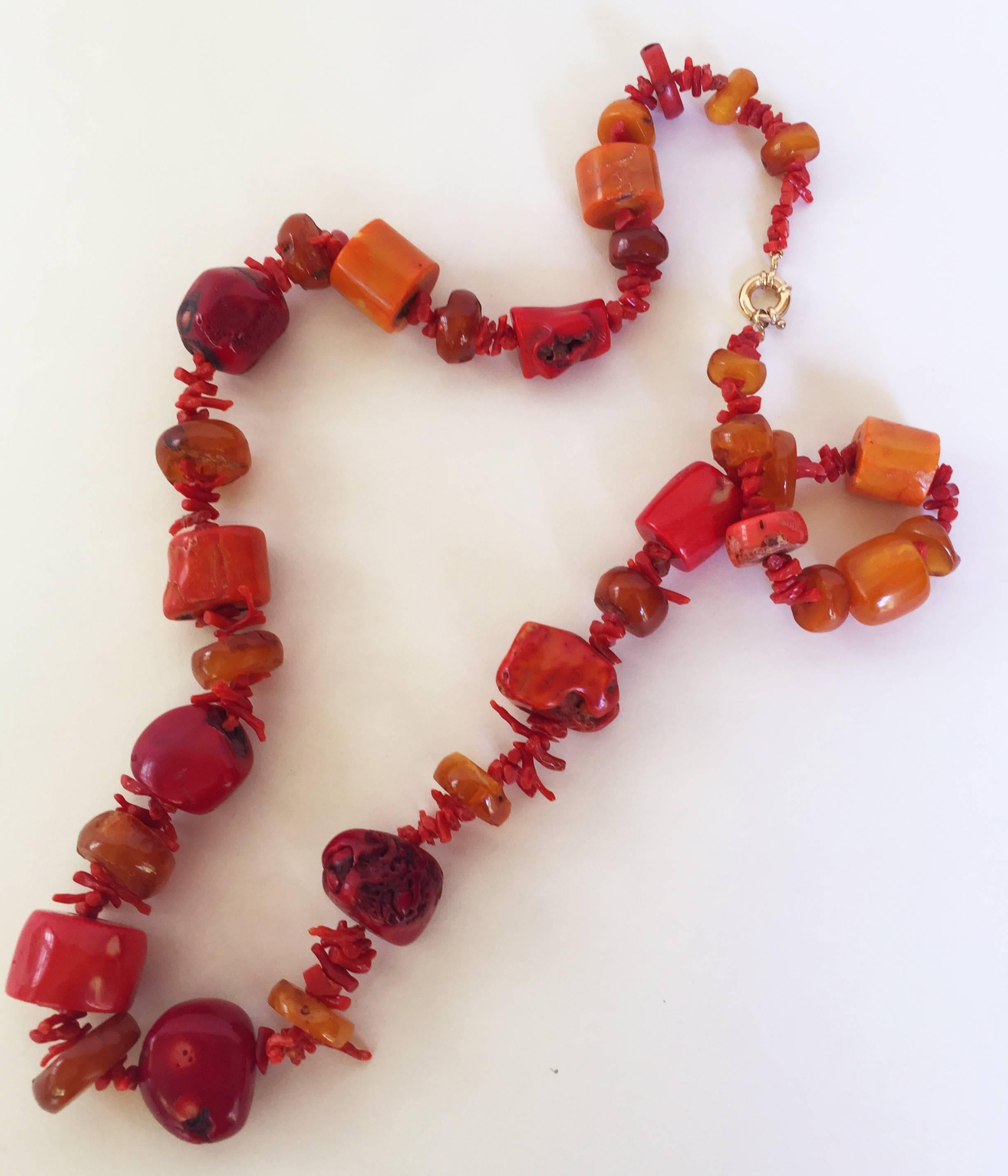 Women's Large Coral Amber Necklace Gold Clasp by Marina J