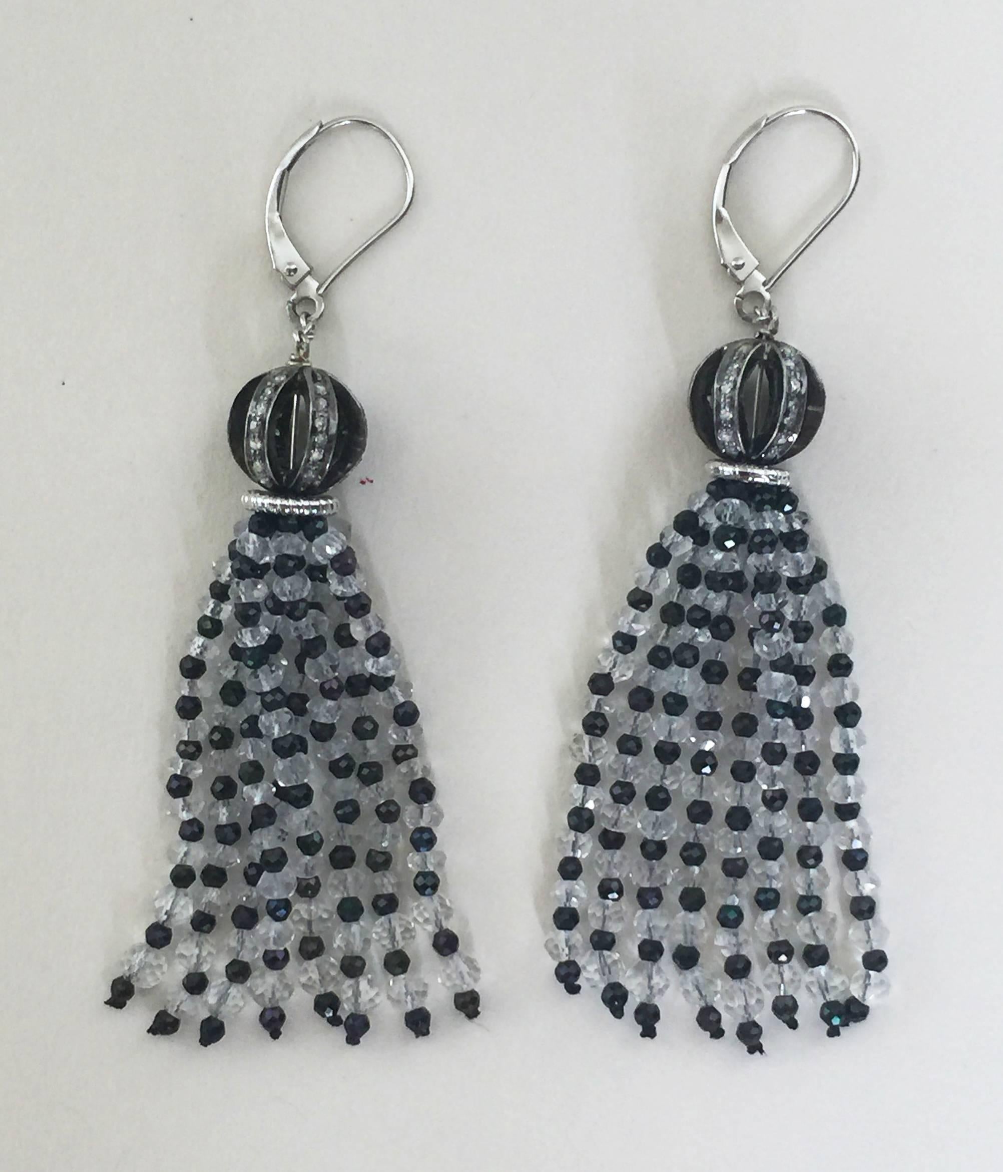 Women's Diamond Encrusted Ball Earrings with Quartz and Black Spinel Tassels by Marina J