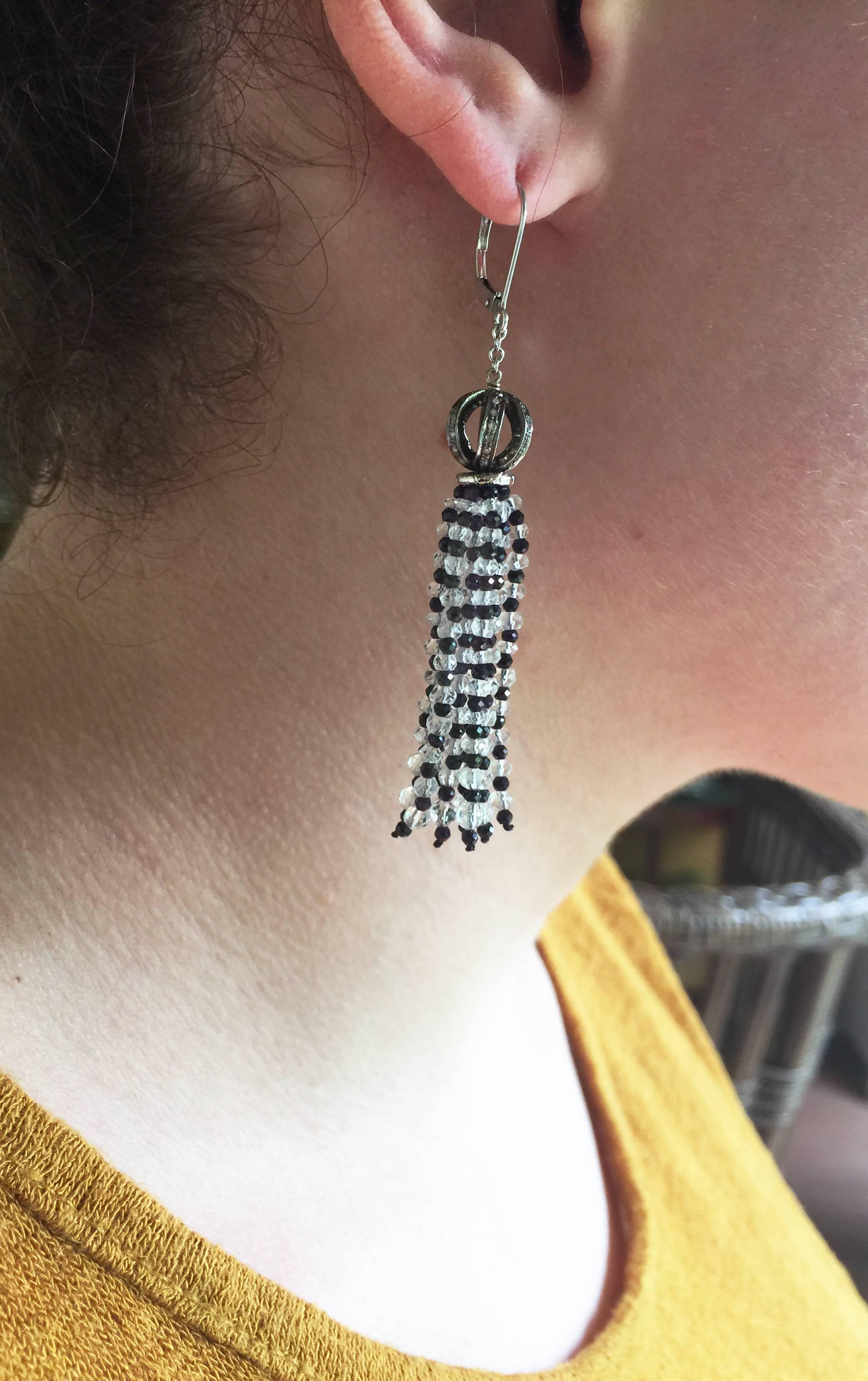 Diamond Encrusted Ball Earrings with Quartz and Black Spinel Tassels by Marina J 3