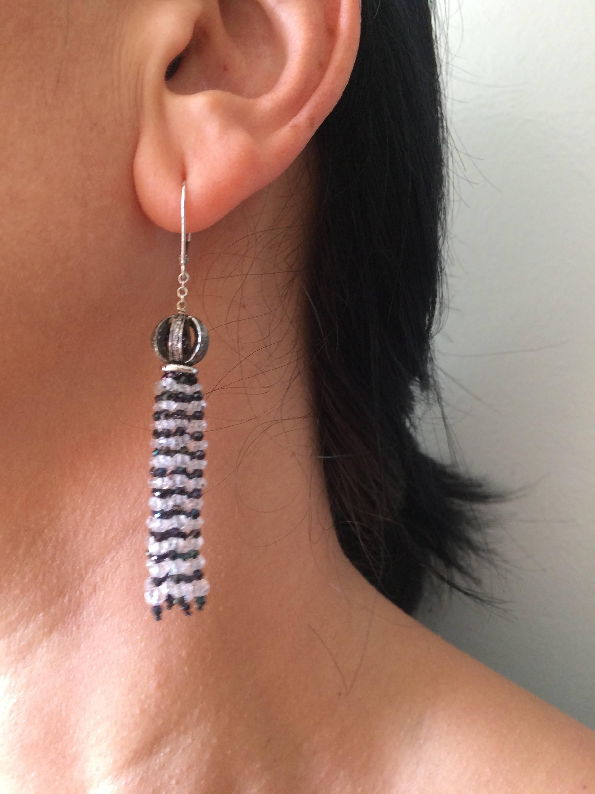 Diamond Encrusted Ball Earrings with Quartz and Black Spinel Tassels by Marina J 1