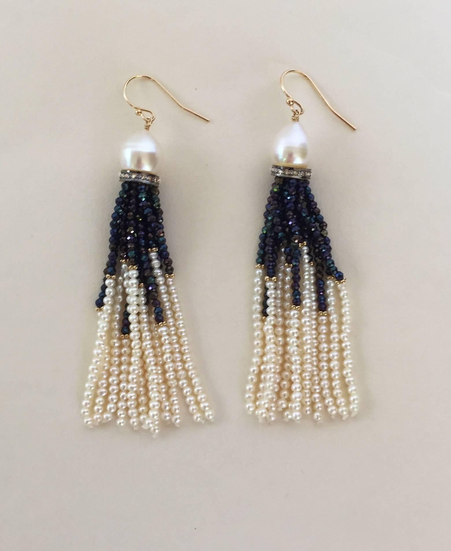 Artisan Pearl, Black Spinel and Gold Dangle Earrings by Marina J