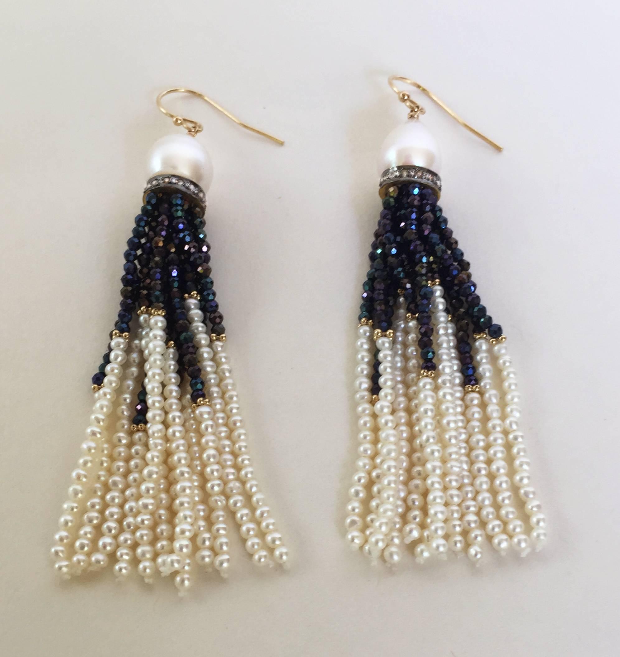 Pearl, Black Spinel and Gold Dangle Earrings by Marina J In New Condition In Los Angeles, CA