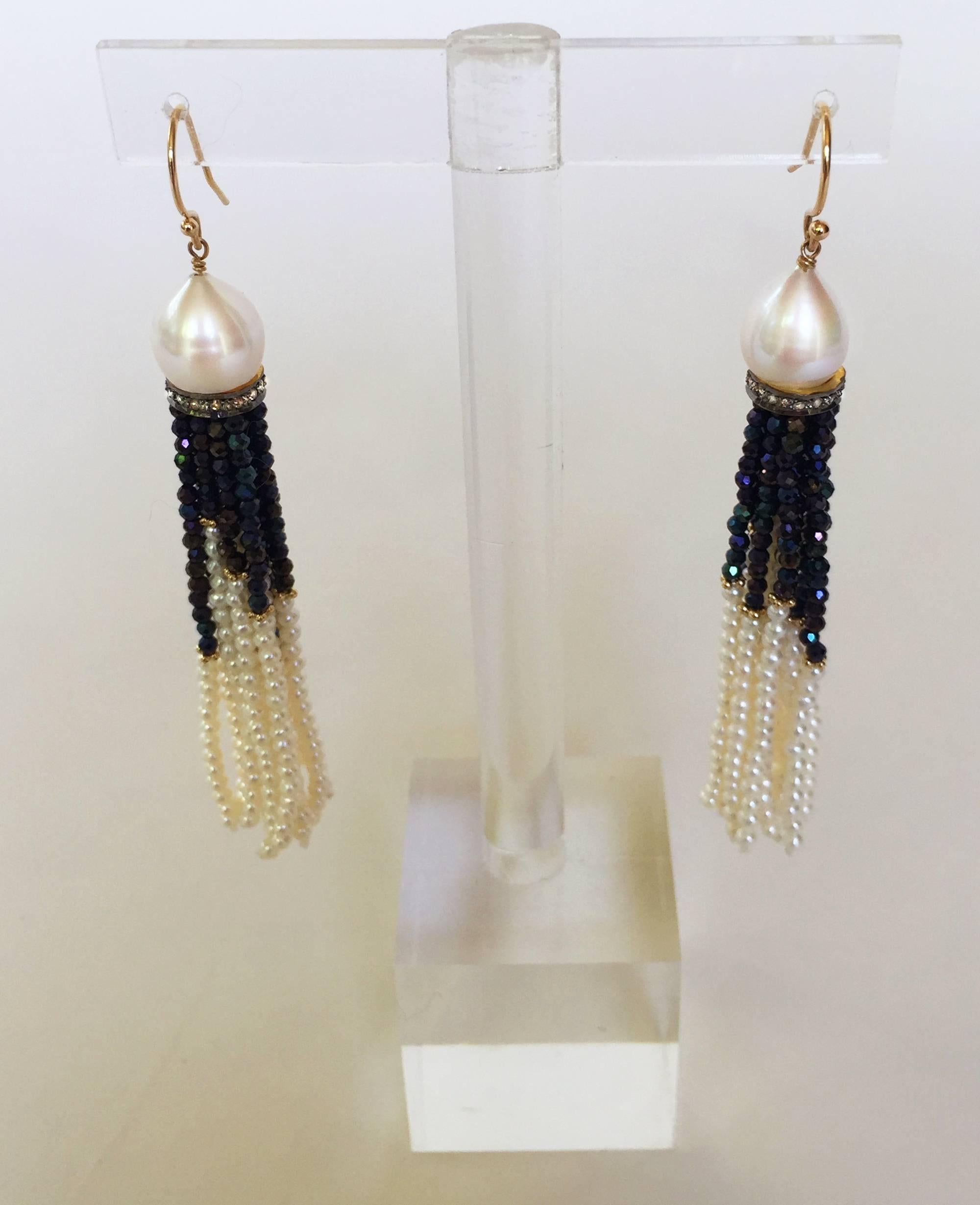 Women's Pearl, Black Spinel and Gold Dangle Earrings by Marina J