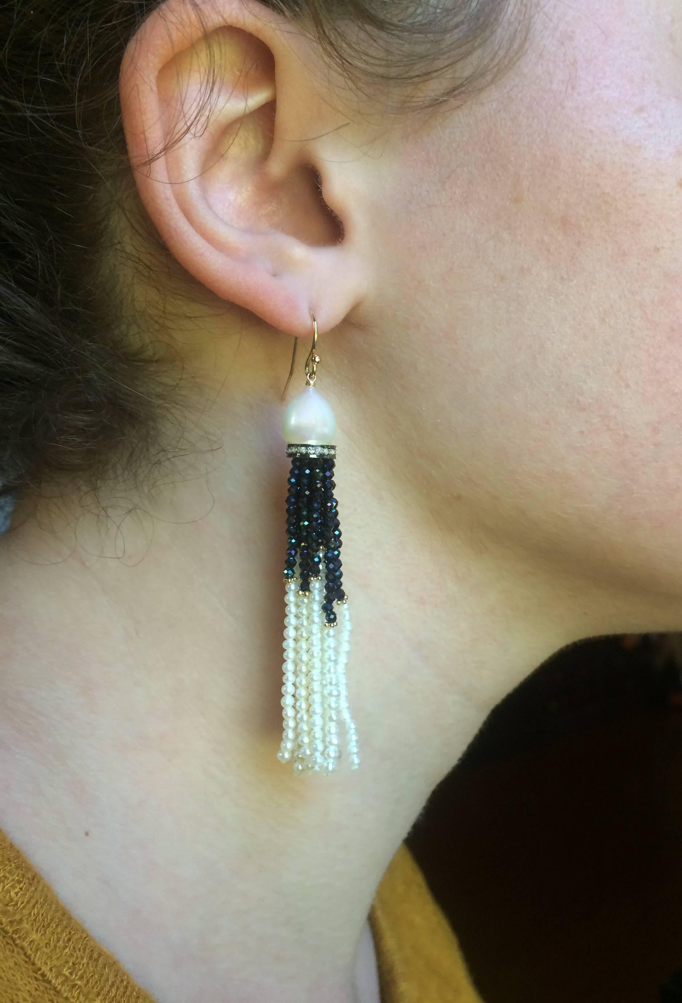 Pearl, Black Spinel and Gold Dangle Earrings by Marina J 1