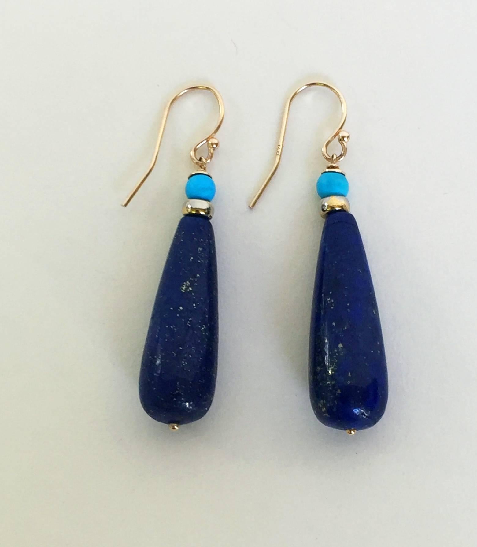 Artist Lapis Lazuli and Turquoise Drop Earrings with 14 Karat Gold Hooks by Marina J