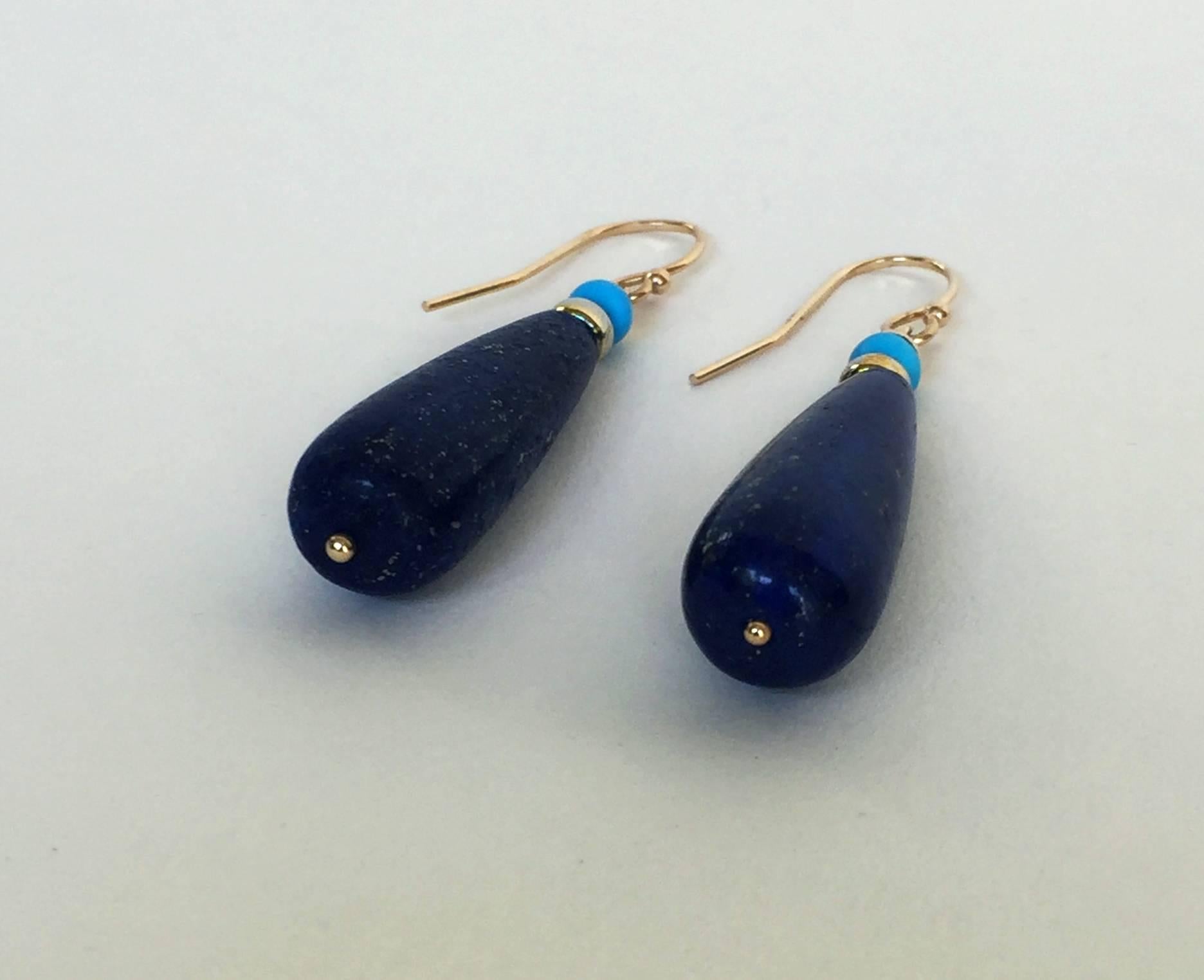 Lapis Lazuli and Turquoise Drop Earrings with 14 Karat Gold Hooks by Marina J In New Condition In Los Angeles, CA