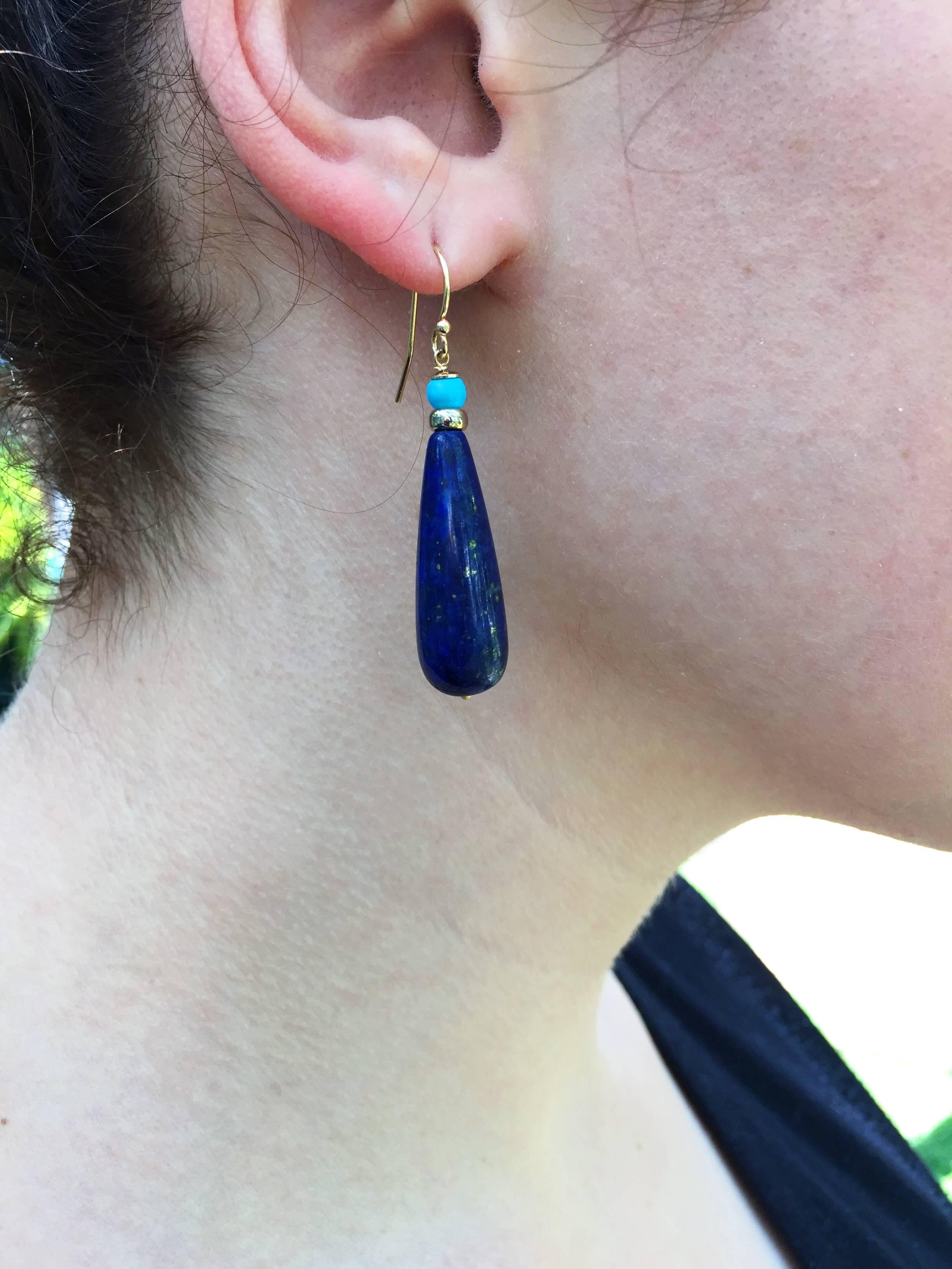 Lapis Lazuli and Turquoise Drop Earrings with 14 Karat Gold Hooks by Marina J 2