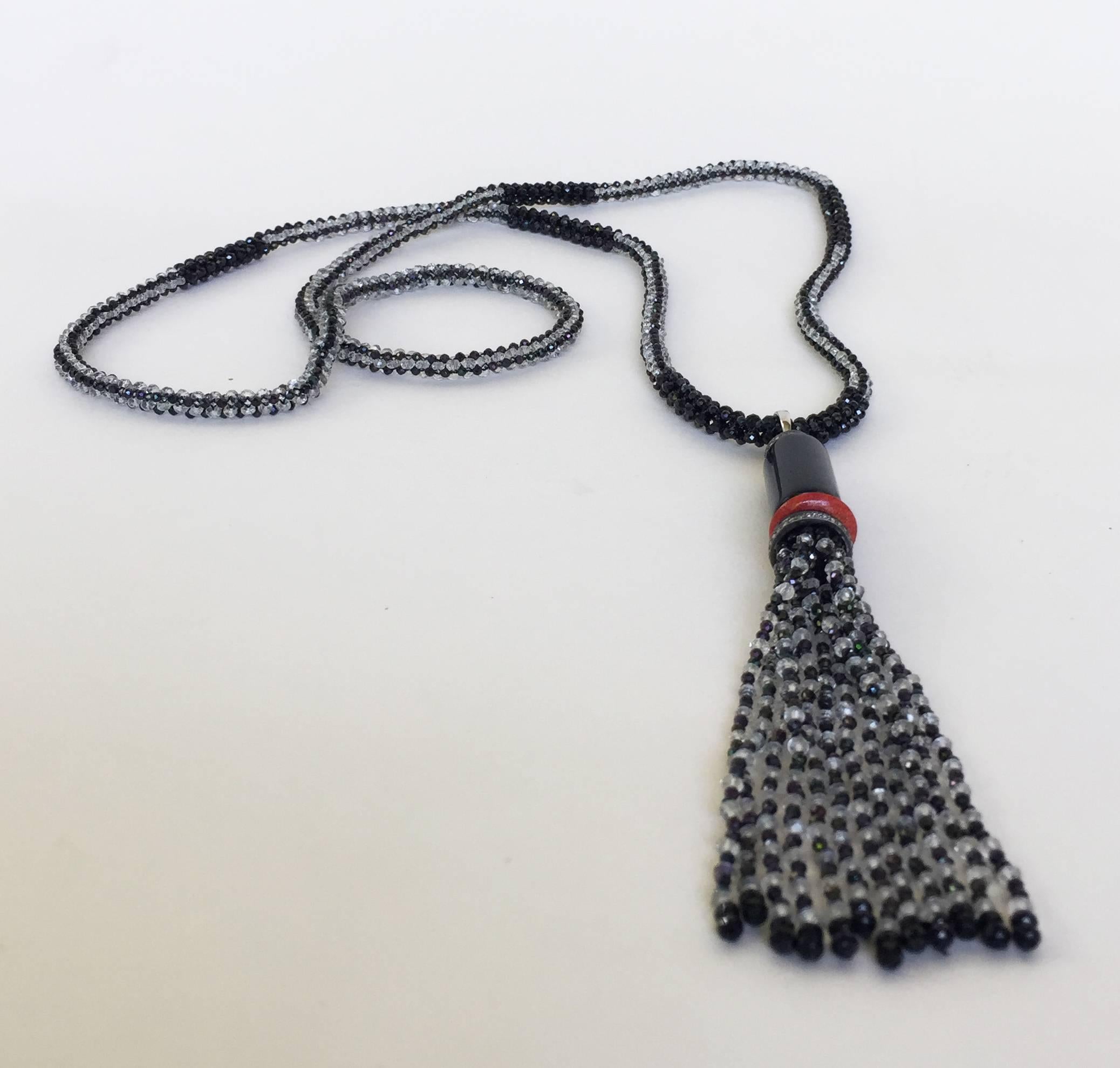 Black Spinel, White Topaz, Onyx, and Coral Sautoir with Diamond Encrusted Tassel In New Condition In Los Angeles, CA