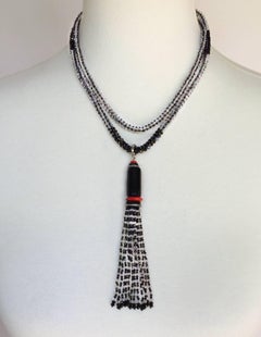 Black Spinel, White Topaz, Onyx, and Coral Sautoir with Diamond Encrusted Tassel
