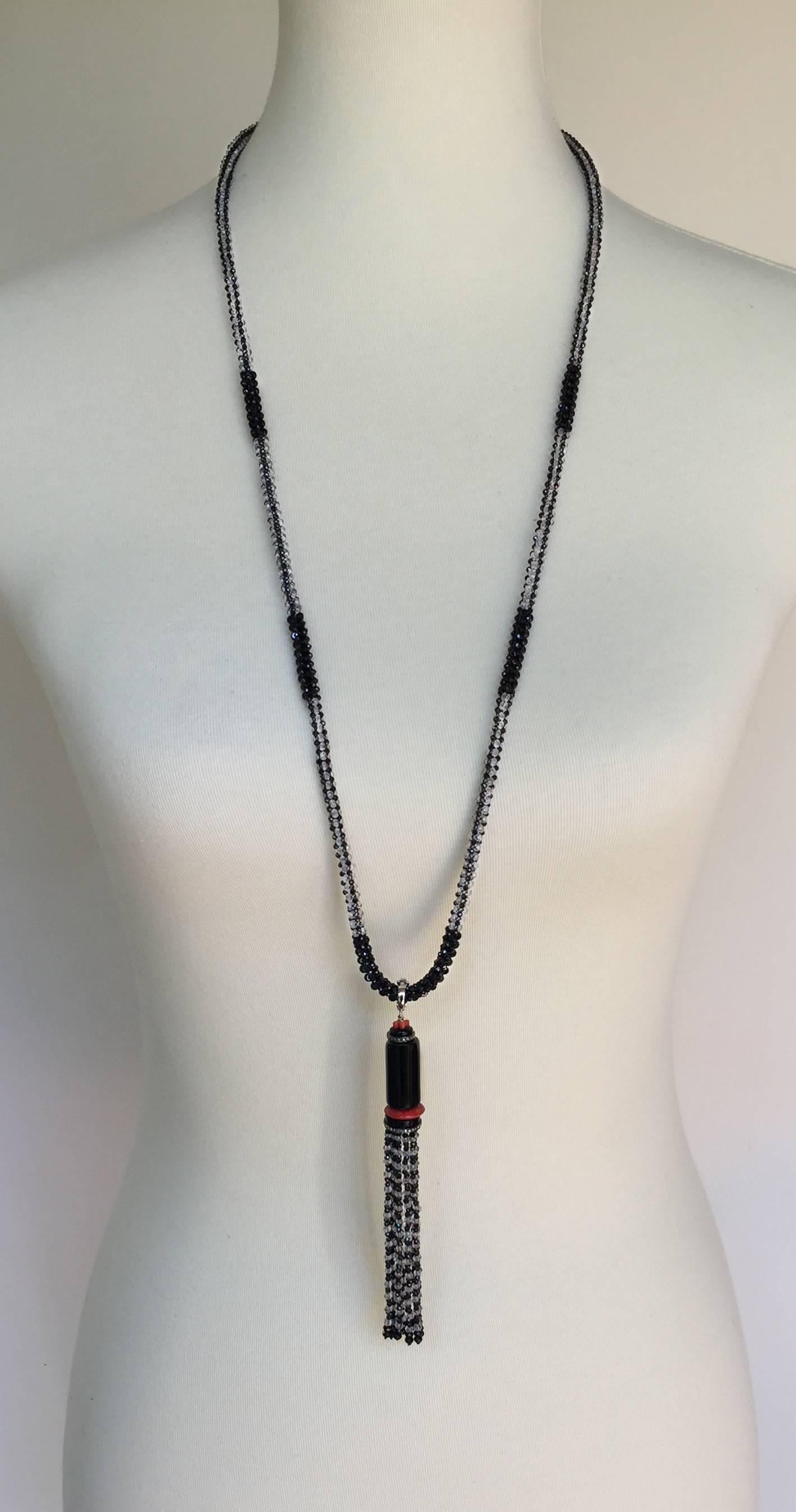 Black Spinel, White Topaz, Onyx, and Coral Sautoir with Diamond Encrusted Tassel 2