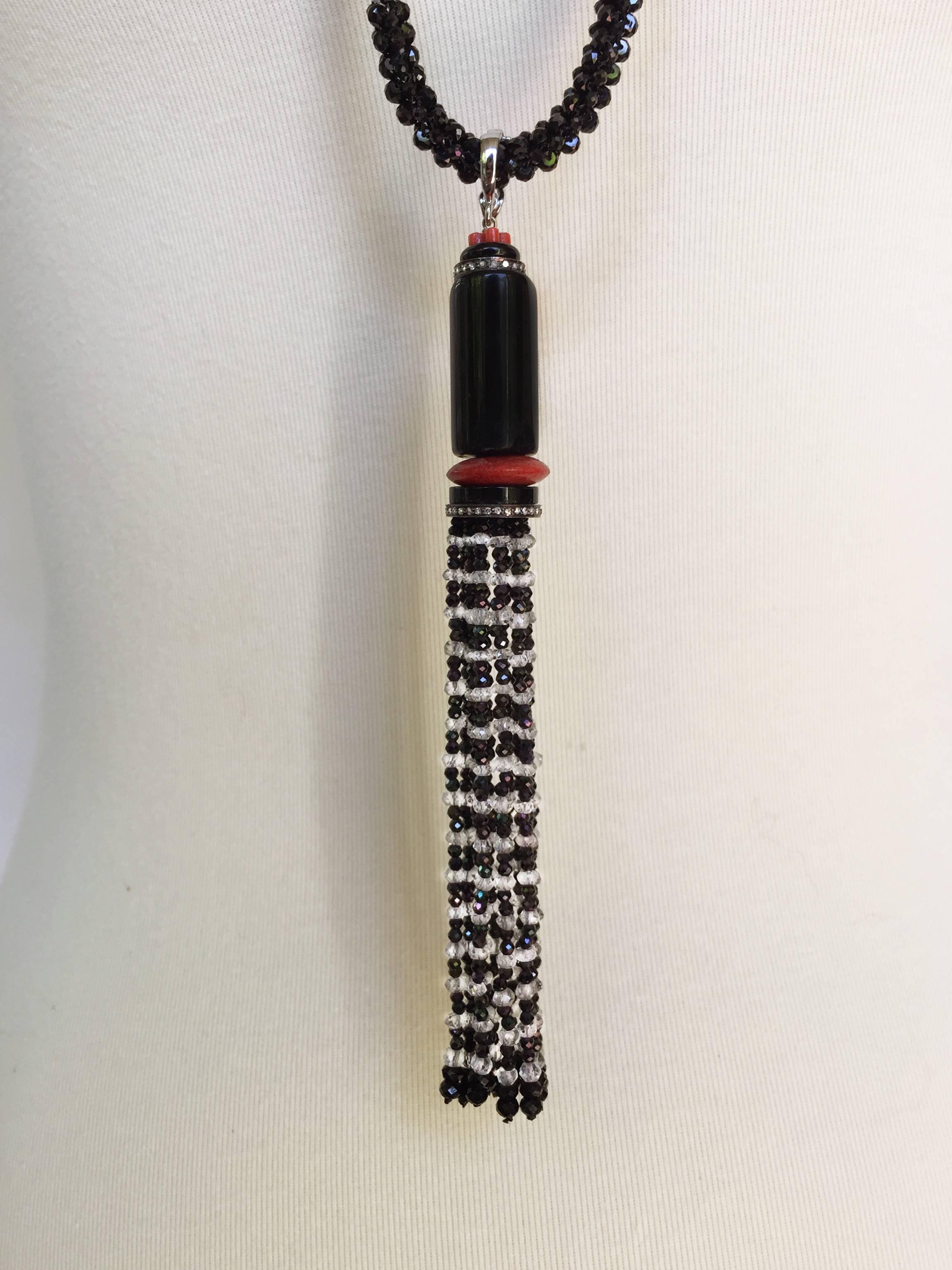 Black Spinel, White Topaz, Onyx, and Coral Sautoir with Diamond Encrusted Tassel 1