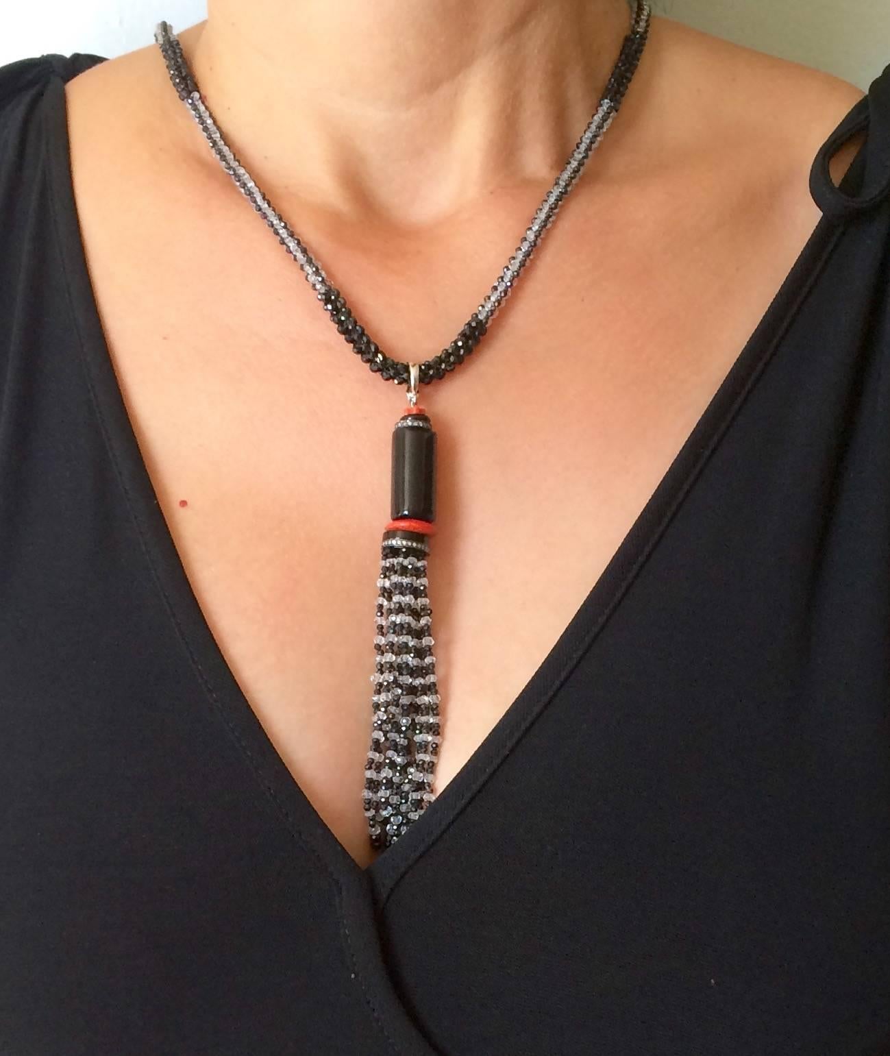 Black Spinel, White Topaz, Onyx, and Coral Sautoir with Diamond Encrusted Tassel 4